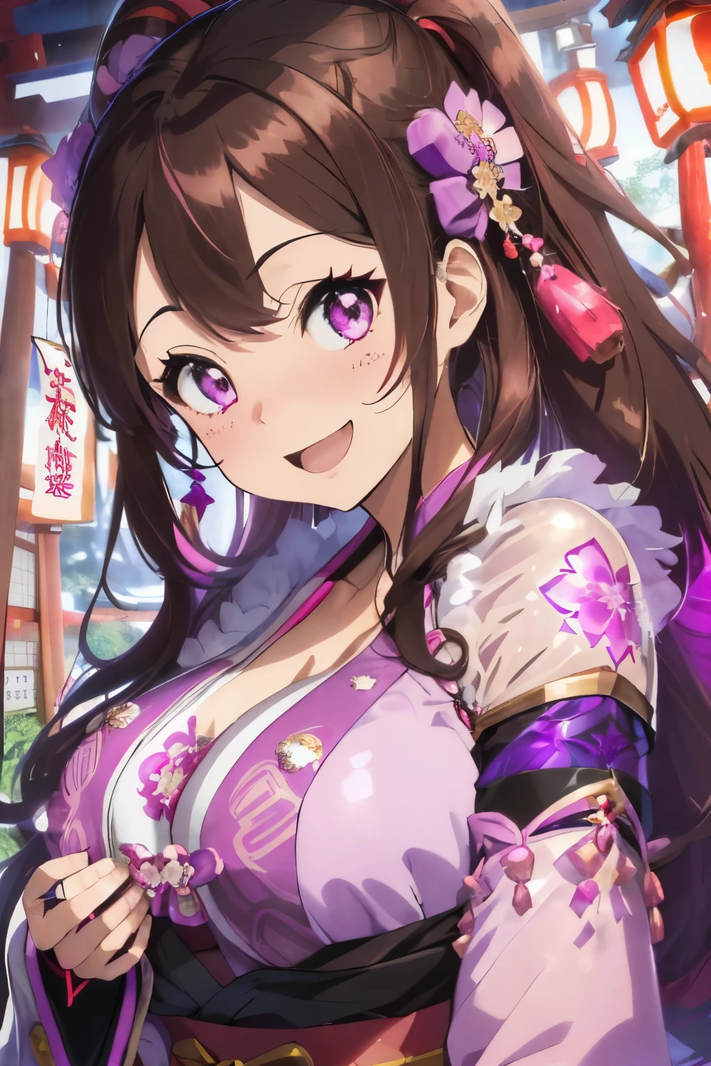 (Brown hair:1.2),(fluffy half up hair:1.2),(Light purple eyes:1.25),(With bangs),(First visit to a shrine:1.25),(colourfull:1.2),(Staring at me),(Japanese pattern clothing:1.4),(accessories like flowers and crystals:1.3),(Lower breast:1.5),(Transparent double sleeve long sleeves:1.5),(chest protruding from clothes,:1.4),(huge smile:1.3),(Smile with open mouth:1.35),(I found you and I'm smiling happily:1.35),Slight red tide,(Kamimei),(Close-up of face 1.7),(black and red and pink and purple:1.25),(front view:1.6),