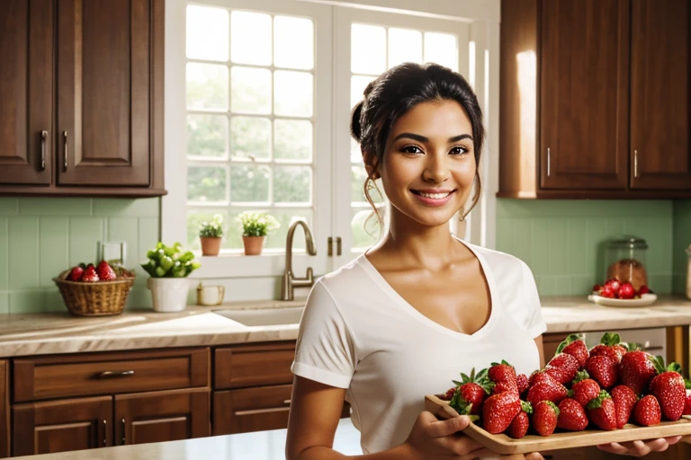 (highres,realistic),latinx woman holding a tray with strawberries in her kitchen,serene smile,hair tied up,perfect hands,[strawberries],[tray],[kitchen],detailed facial features,dreamy lighting,colorful scene