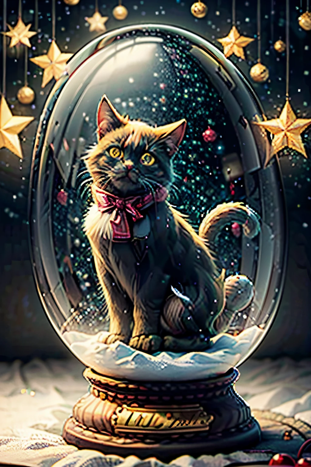 ((tmasterpiece)), (((beste-Qualit))), ((ultradetailed)), ((illustartion)), [The light effect of realism], eye shadow, (fantasy style), Black Cat, black cartoon cat, Anime cat, Black Cat, happy cat, :3, covered eyes, satisfied face, Black Cat внутри стеклянного шара, A lot of snow, snowy day, the night, New Year&#39;s decoration, Bright colors, Holiday decorations, Christmas tree, Christmas tree с игрушками, tinsel, colorful balls, garland, (((Inscription 2024)))