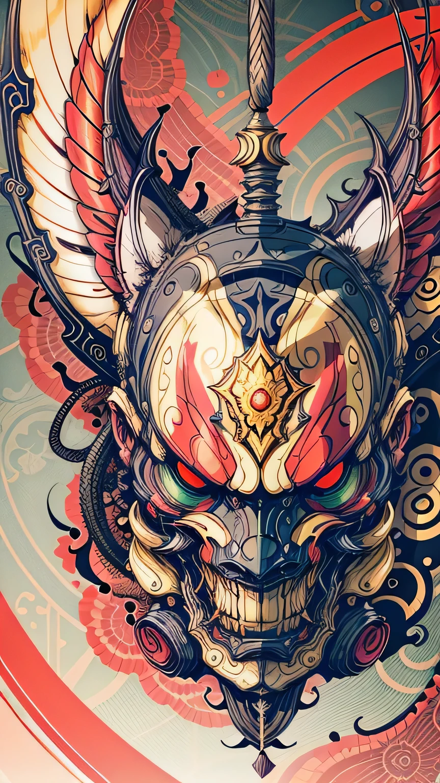 cicada, bionic, a lot of details, golden emerald color
. Hannya mask style , illustrator， master piece， hiquality， 8K， hight resolution， higly detailed，