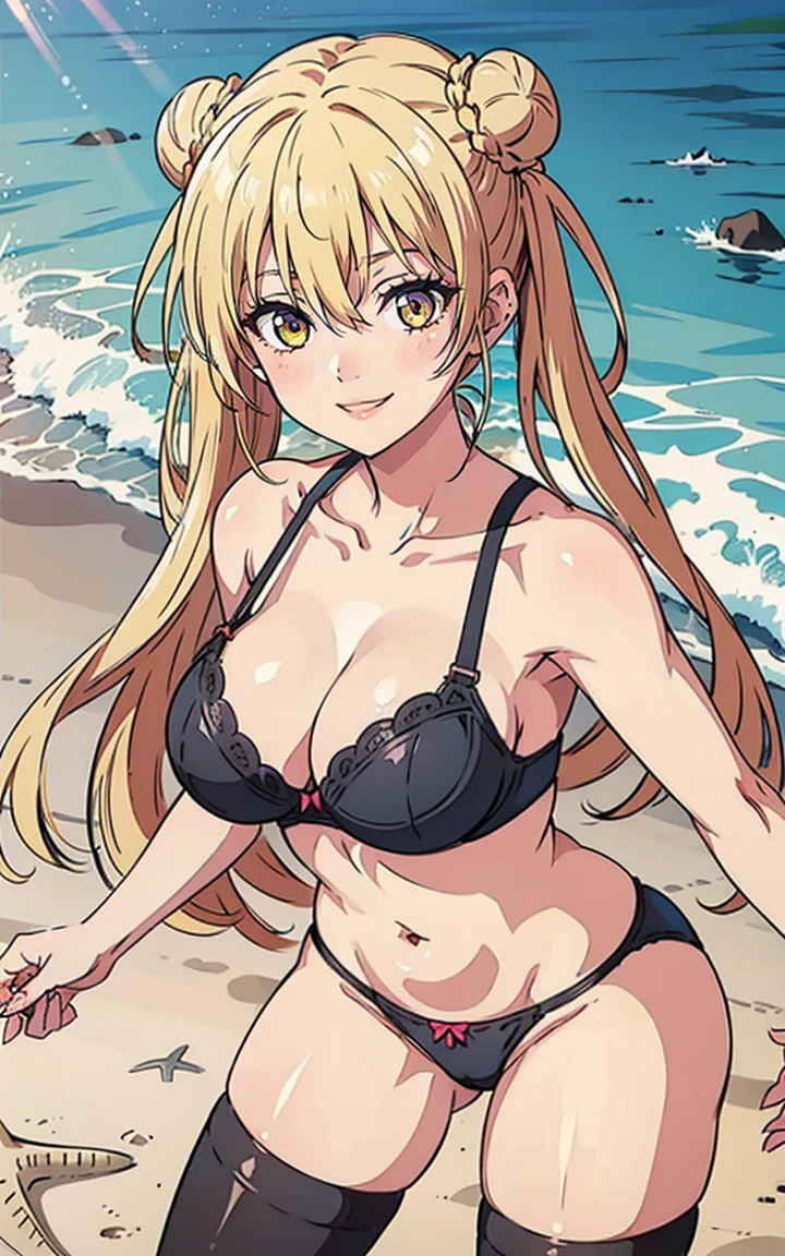 (lora:mukuro:0.6), (masterpiece:1.2), (best_quality:1.2), (large_breasts:1.2), looking at viewer, 1girl, solo, yellow_eyes, blonde_hair, double_bun, hair between eyes, very long hair, black bra, black thighhighs, thong, underwear_only, beach, smile