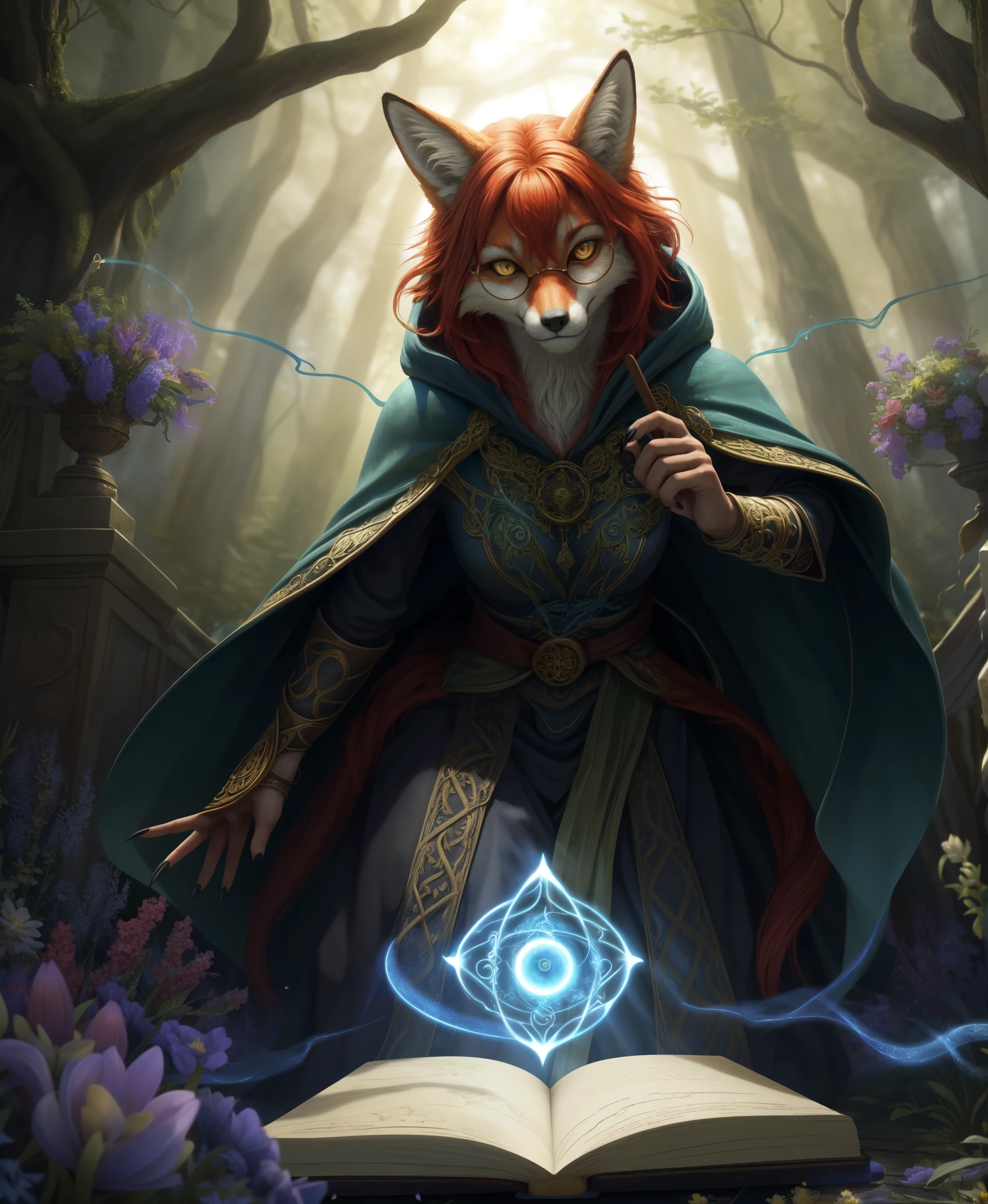 breathtaking (best quality, masterpiece, detailed, 8k)
RAW, realistic cinematic photo, Angelic female anthro furry fox, mage, detailed fur, red fur, narrow muzzle, sultry yellow eyes, slit pupil, red hair, Textured long bob, black nails, wearing ornate robes, opulent magical equipment, green hooded cloak, small round glasses, carrying spell book, dynamic action pose, close up, A gate composed of interwoven vines and flowers, representing the connection between nature and magic, casting spells, defending against attackers, posed in misty forest battle, Mesmerizing (Radiant Aura:1.2), shot from dynamic angle, (masterpiece, award-winning, professional, HDR)