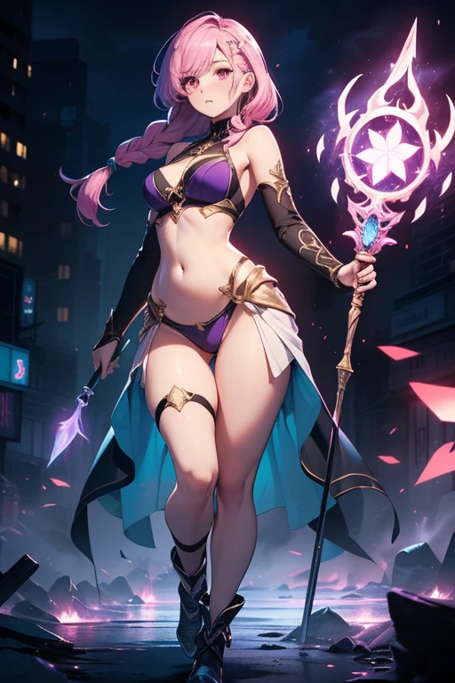 (initial sketch: magic energy around, (building the correct anatomy), 1 girl, pink eyes, (pink hair), medium hair, (1 braid), staff in her hand, casts a spell, staff glows, big chest, (neon purple mana flows around the staff), night, (unrestricted:1.6), ((Masterpiece)), (best quality), (beautiful background), (detailed illustration), HDR, (cinematic light) , ((color)), ((rtx)), high quality color, correct anatomy, (the most perfect composition ever made), (absolute final detail), thick legs, thick thigh, (extra detail removal), ( removal of extra detail artifacts), exposed belly