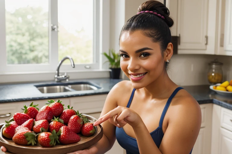 (best quality,highres,ultra-detailed),close up of a Latina woman,serene smile,hair tied back,perfectly manicured hands,(warm lighting,soft lighting),(colorful palette, vibrant colors),holding a tray with strawberries in her kitchen