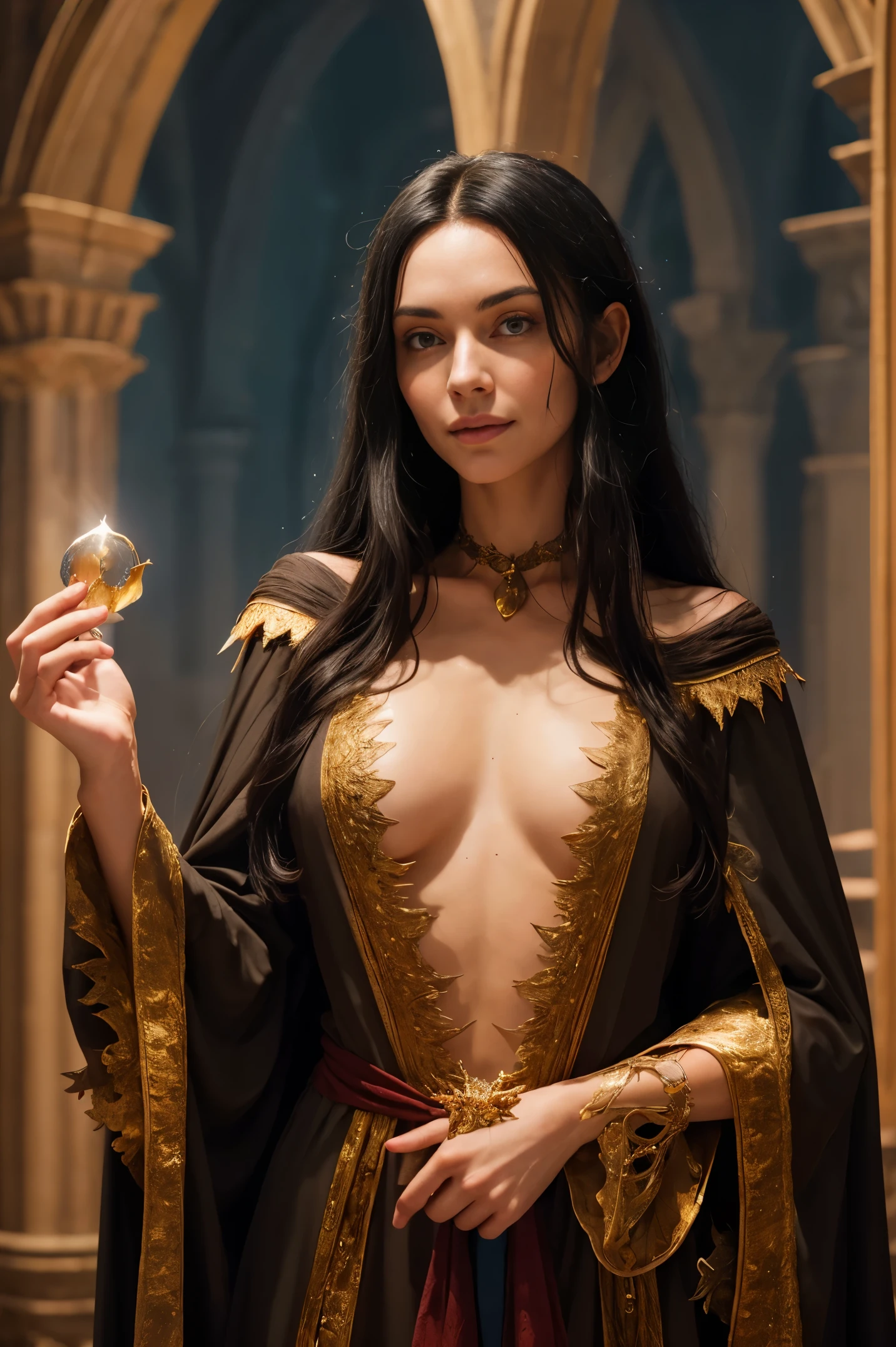 A beautiful European female sorceress, long black hair, medium breasts, perfect body, D&D aesthetic, high detail magical robe, cleavage, high detail face, high detail skin, inside a wizard's tower, 8k, HDR, high resolution, photo-realistic, cinematic lighting, depth of field, bokeh, rim lighting, backlit, cool colours, night