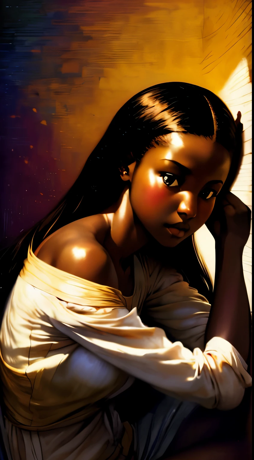 ((Centered,Solo Beautiful Sudanese black woman with dark skin, realistic striking eyes1:1)), casual shirt, mid shot, low angle, sitting against a colorful shadowed painted bedroom wall, art by akihiko yoshida, manga art style, colorfield illustration, mysterious atmosphere, global illumination, by frank frazetta, by goro fujita, anime key visual, (blue, yellow and peach colors), photorealistic, golden ratio, dramatic, long black hair, UHD, intricately detailed, chiaroscuro, pino daeni, impressionist