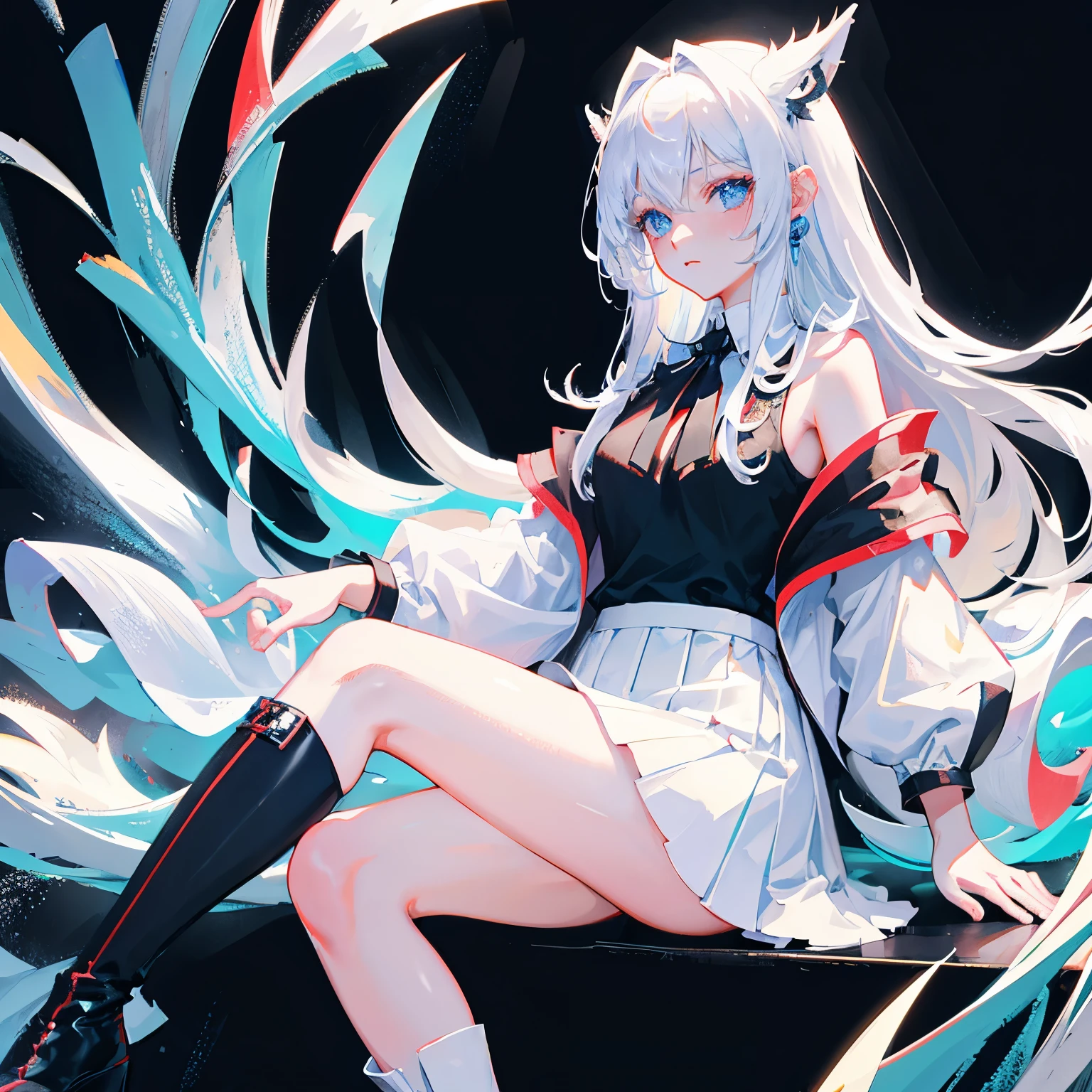 8k, resolution, high quality, high resolution, best quality, best resolution, absurd resolution, ray tracing, high detailed, masterpiece, extremely detailed,shoulder length white hair, female,white 2 wolf ears, age girl, slim body, white scale dragon tail,black boots,black leggings, school skirt, white jacket, medium size chest, detailed blue eyes, detailed beautiful face,solo female,1 dragon tail, detailed eyes