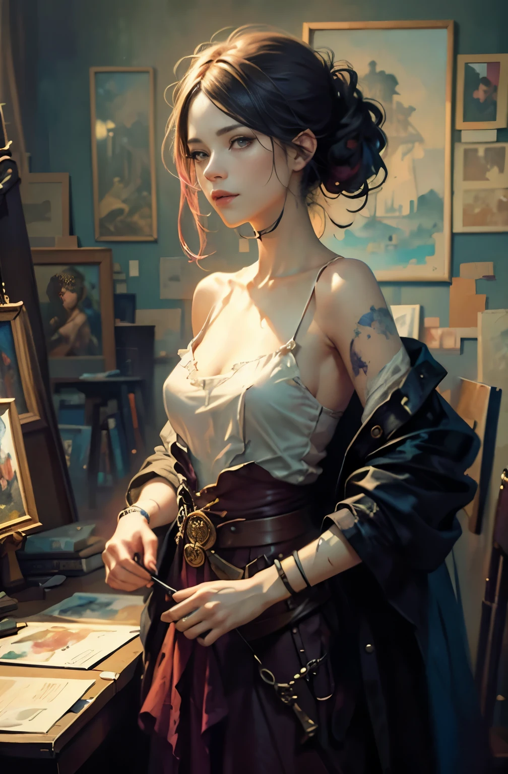 magenta and orange tones, painting of a woman, with influence of Jeremy Mann, Jeremy Mann, style of Jeremy Mann, Jeremy Mann painting, Jeremy Mann art, Ron Hicks, Liepke, Jeremy Mann and alphonse mucha, Works that influenced Edmund Blampid, robert lenkiewicz, Casey Boe and James Jean, Inspired by Willem Kalf, Nick Alm, Tumbler, figurative art, Intense watercolor painting, watercolor detail art,expressive beautiful painting, a beautiful artwork illustration, very colorful tones, Fantastical, Cool Beauty, Best Quality,Official art, Female Solo, sharp outline, a closeup, supreme work of art, Beautifully Aesthetic
