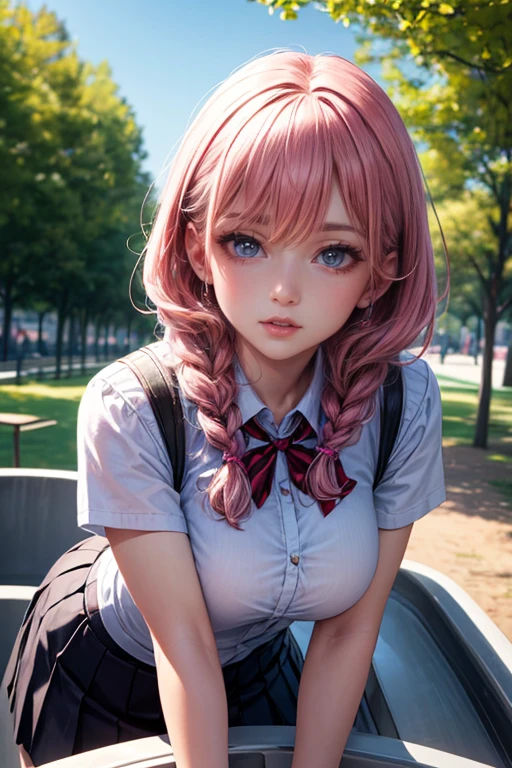 (best quality,4k,8k,highres,masterpiece:1.2),pink hair,short braided hair,beautiful big breasts,girl's eyes are beautifully detailed and expressive,girl's lips are beautifully detailed,ultra-detailed,realistic,wearing school uniforms,playfully enjoying the moment,colorful and vibrant,soft natural lighting。Unbutton your shirt。sit on a bench and open your legs。Raise your knees and show your panties。