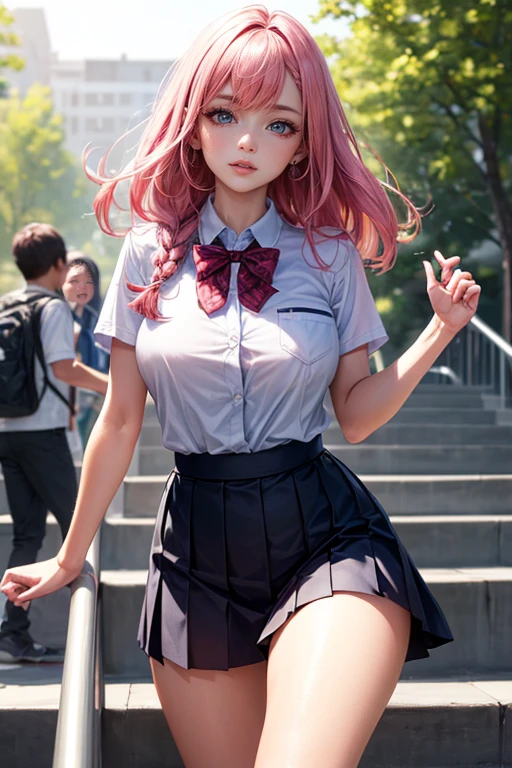 (best quality,4k,8k,highres,masterpiece:1.2),pink hair,short braided hair,beautiful big breasts,girl's eyes are beautifully detailed and expressive,girl's lips are beautifully detailed,ultra-detailed,realistic,sliding down the slide in a park,wearing school uniforms,playfully enjoying the moment,colorful and vibrant,soft natural lighting