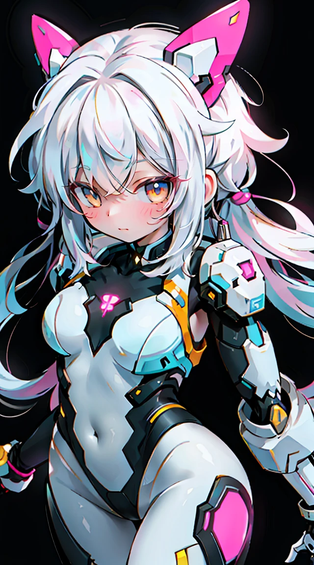 pretty, woman, sexy face, yellow eyes, white hair, slim body, sexy pose, pink tights, mecha, neon sign, led night city, seen from above, high quality, realistic, beautiful light, complete detail, black background