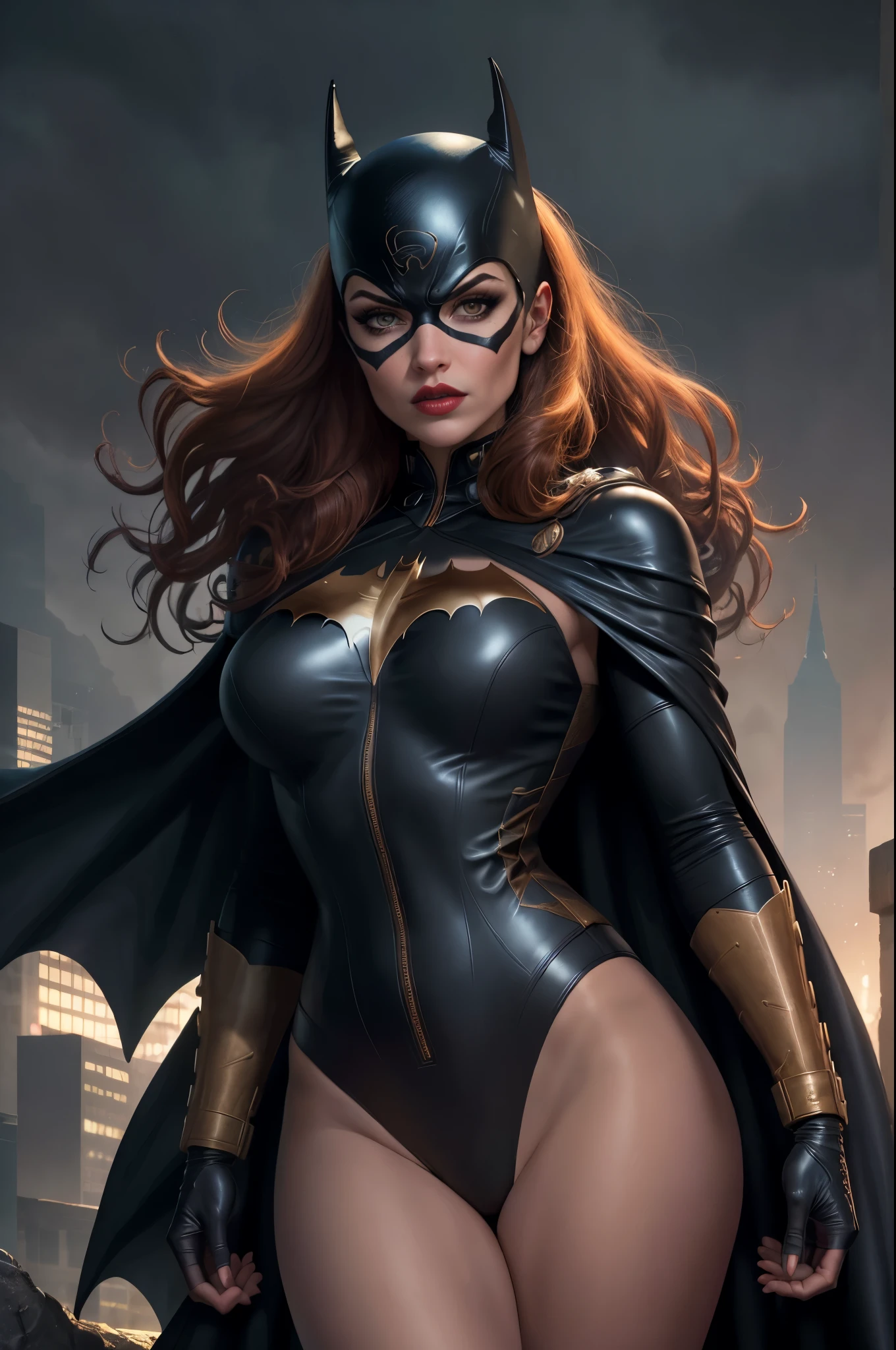 (best quality, highres, ultra-detailed),sexy batgirl,portrait,illustration,dark lighting,leather outfit,red lips,smoky eyes,gloomy atmosphere,cityscape background,gritty style,high contrast,vivid colors,sharp details,expressive pose,fierce expression,edgy,realistic costume,flowing cape,masked identity,lethal weapon,moonlit sky,beautifully textured,alluring gaze,confident stance,artistic rendering,bold composition,highly detailed hair,superheroine,nighttime scene,fantasy,comic book style,meticulous craftsmanship,attention-grabbing,powerful presence,mysterious aura,striking visual impact, cleavage, show skin