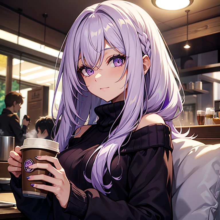 Single girl, shoulder length white hair with purple ends, purple eyes, black sweater, holding coffee, relaxing