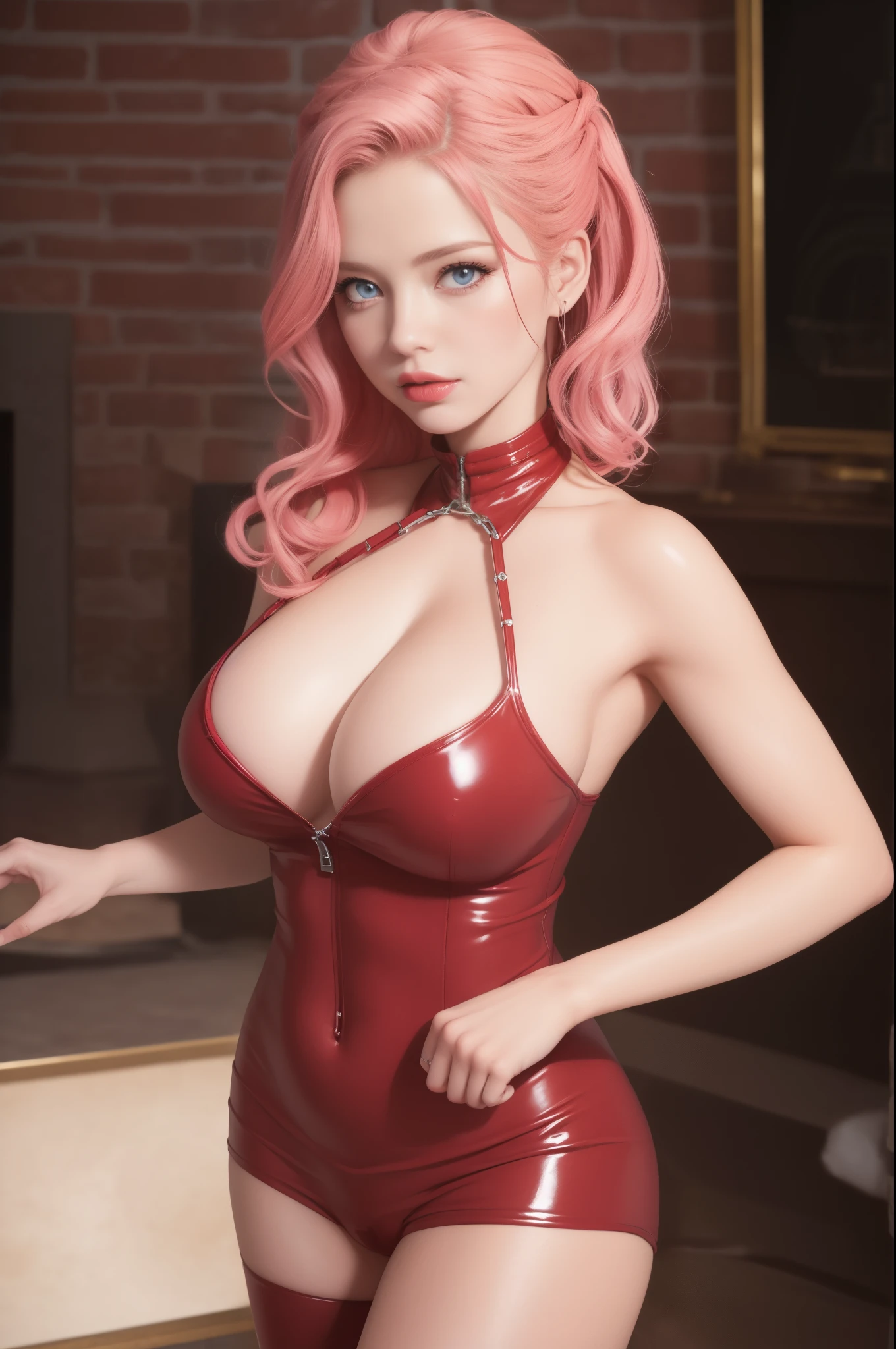 red latex suit, chain, BDSM, skin tight, cleavage, position, luxury hotel location, fireplace background, 32k, best quality, masterpiece:1.2), 1 girl, 3d, big breasts, lips, realistic, shirt, solo, stomach, beautiful delicate face, beautiful delicate blue eyes, pink hair, long curly hair, (realistic, photo realistic:1,2) HDR, 32k, UHD, best quality,