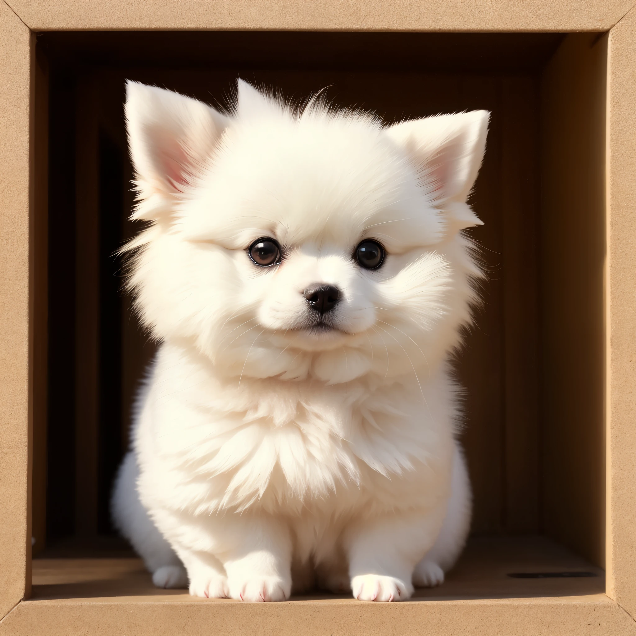 one (1) white Pomeranian, head and facial only, looking at camera, realistic, 8k
