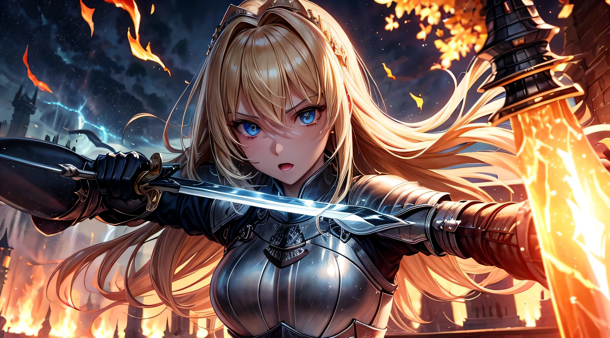 masutepiece,Best Quality,ultra-detailliert,(1 A female knight wielding a shining sword),(rage:0.2),Face Close-up,Blonde hair,Long hair,Blue Eye,Straight hair,(thunderstorm:1,5),Dark Souls,(fire:1.4),(Sunrise),((blood dripping from mouth:0.3)),(((heavy bleeding:0.3)),castle town,(luminescent fantasia)
