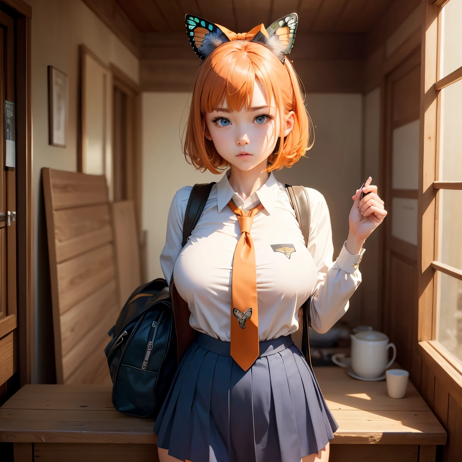 8k, masterpiece, best quality, realistic, higly detailed, cowboy shot, 1girl, solo, Yotsuba Nakano, fair-skin, age girl, short straight hair that stops just around neck, light-orange hair, bunny ear-shaped ribbon, dark blue eyes, average height, well-endowed figure, large breasts, Charityer