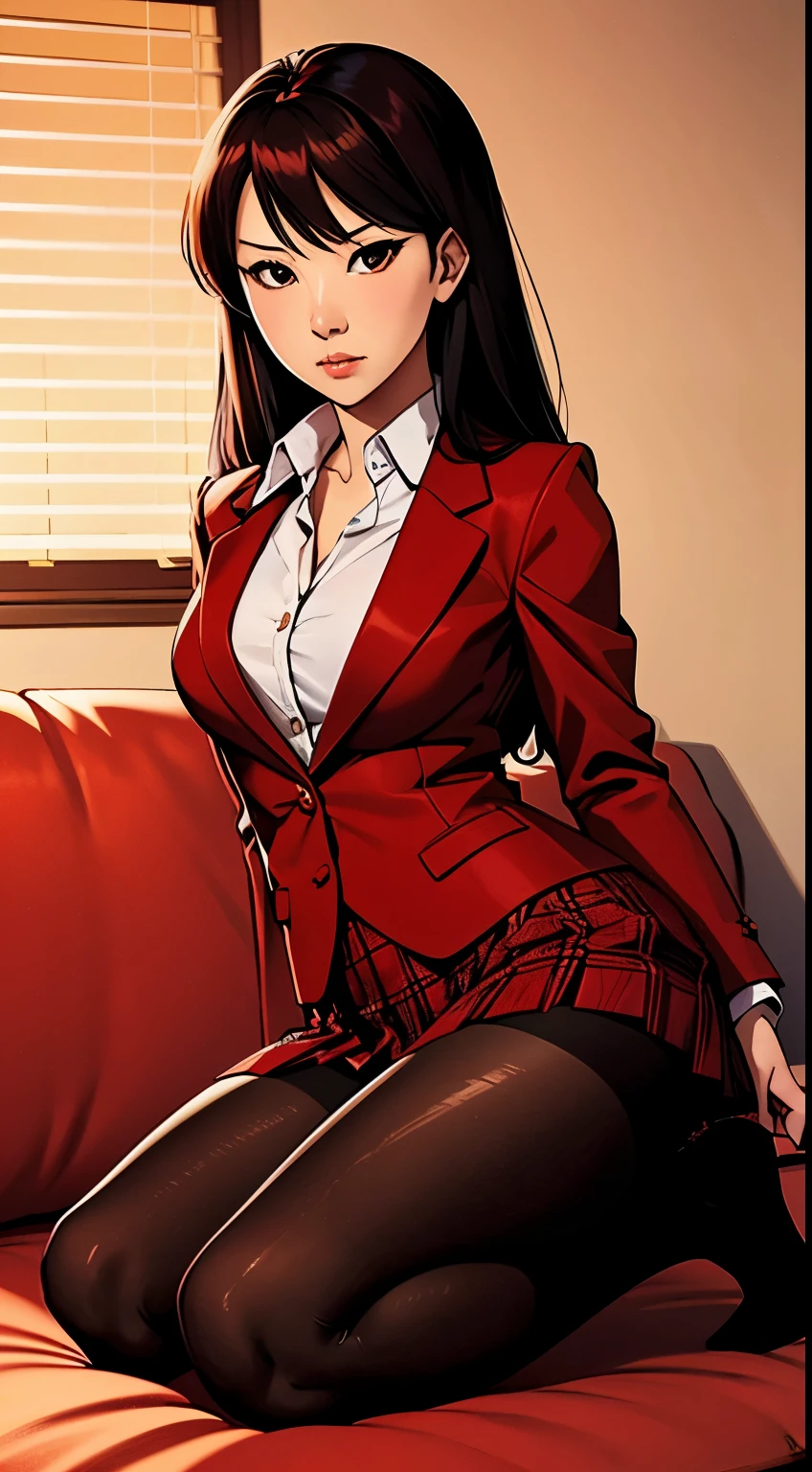 yumeko jabami, Asian female, red jacket, plaid skirt, black pantyhose, no shoes, laying on couch