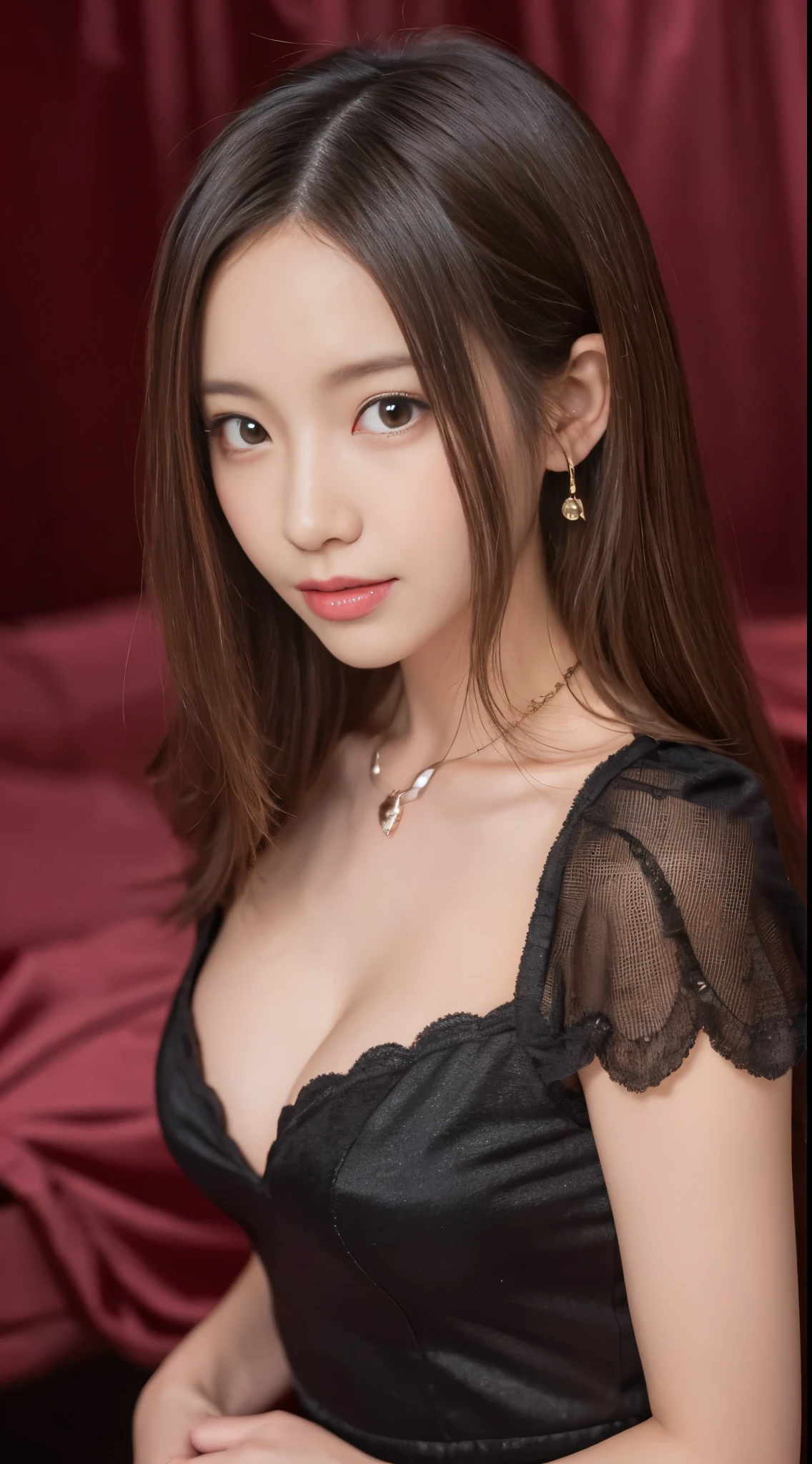 33 year old cute woman､Photos taken by a professional photographer，light brown delicate hair，Medium hair with wavy tips，Fancy makeup with brown eyeshadow，Black dress，round silver necklace，Medium breasts and cleavage，Looking away，Black High Heels，