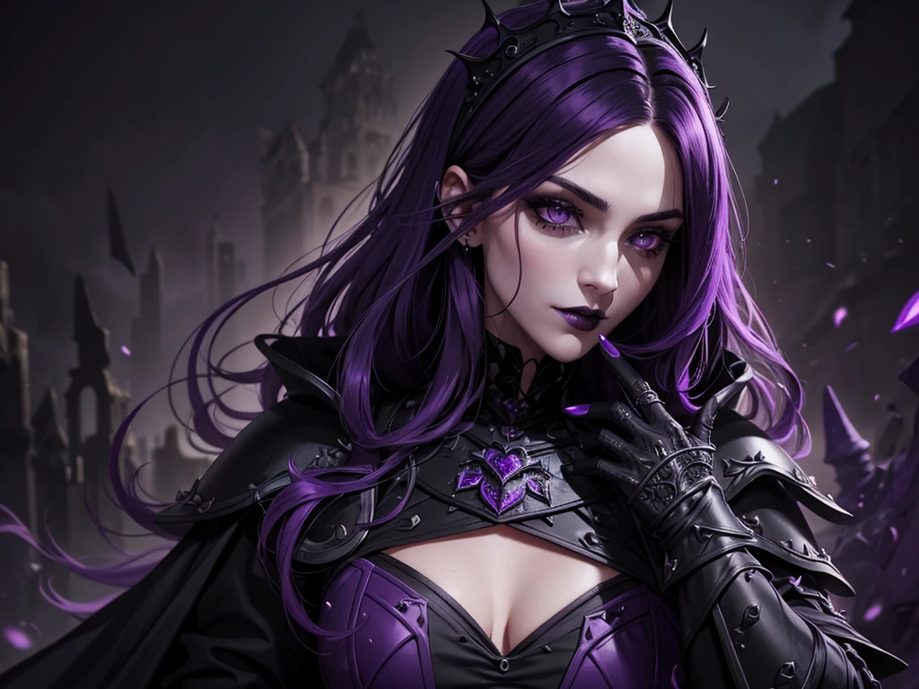 A vampire wizard character wearing very detailed and beautiful gothic armor in black and purple colors. Seu cabelo com corte em estilo curto, black lip color, cor roxa dos olhos;, manto, capuz, caminhando, 8k, Magnificent, Black and purple Gothic armor, capa