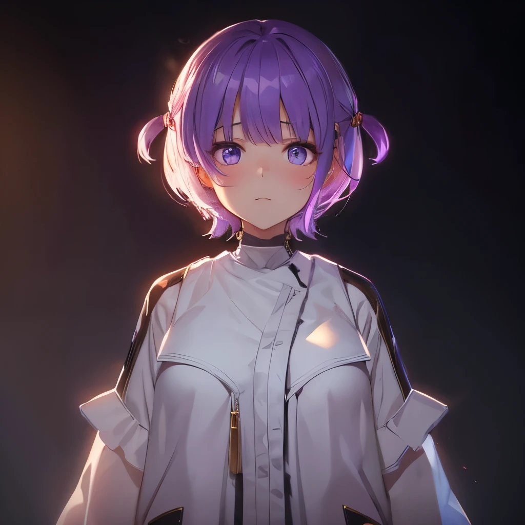 (masterpiece), 8k cg, stunningly beautiful girl, intricate details, chromatic aberration, ((bust shot)), ((looking at viewer)), 1girl, extremely beautiful and delicate portrait, 16 years old, cute face, evil, frown, angry, soft cheeks, blush, makeup, absurdres, cinematic lighting, dynamic lighting, fantasy, ((dark background, fog)), short hair, streaked hair, purple eyes, Todoroki Hajime,