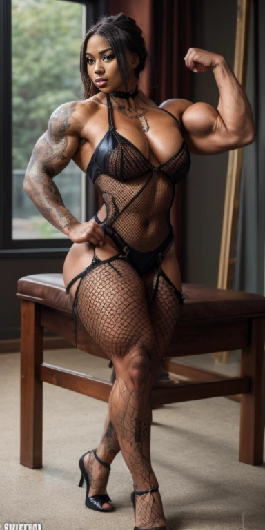 Covered in tattoos   10 year old foxy brown, heavily muscled iffb pro female bodybuilder,masterpiece, best quality, 1girl, vpl, dressed in a sexy Fishnet side split dress, risque, smirk, biceps, leaning back in chair,