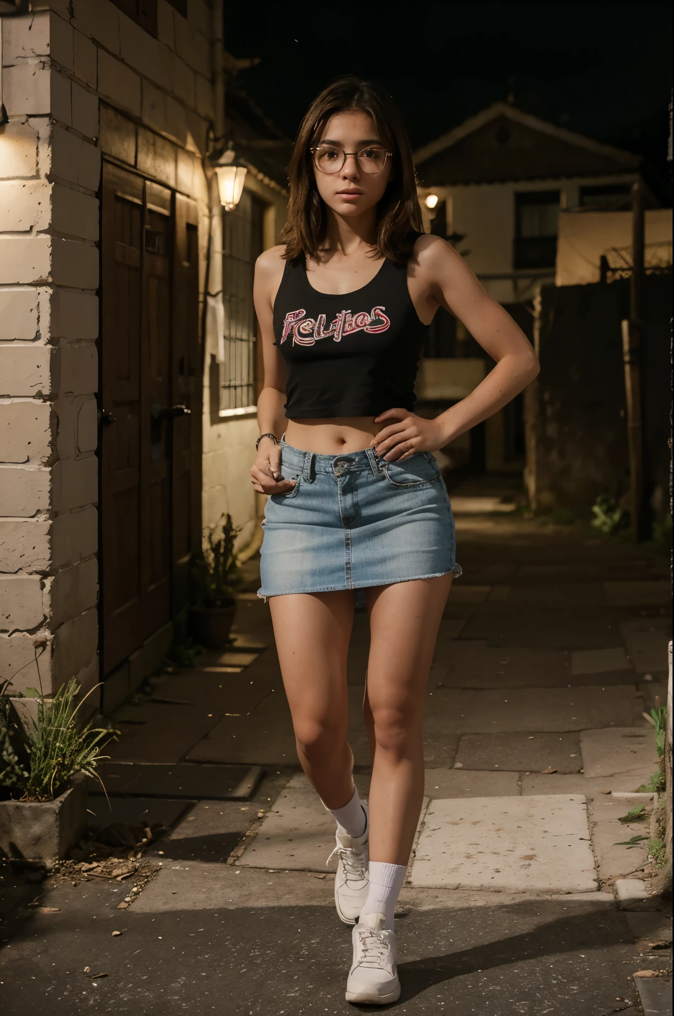12yo girl, pelo moreno largo encrespado, pechos medianos, ojos marrones con gafas, terrified expression, con uniforme escolar con miniskirt y tank top, llevando unos libros y mochila, en una calle oscura y solitaria de los barrios bajos, de noche, full body. 8K, HDR, gran calidad