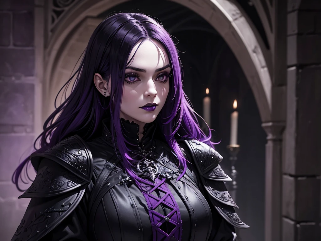 A vampire wizard character wearing very detailed and beautiful gothic armor in black and purple colors. Seu cabelo com corte em estilo curto, black lip color, cor roxa dos olhos;, manto, capuz, caminhando, 8k, Magnificent, Black and purple Gothic armor, capa