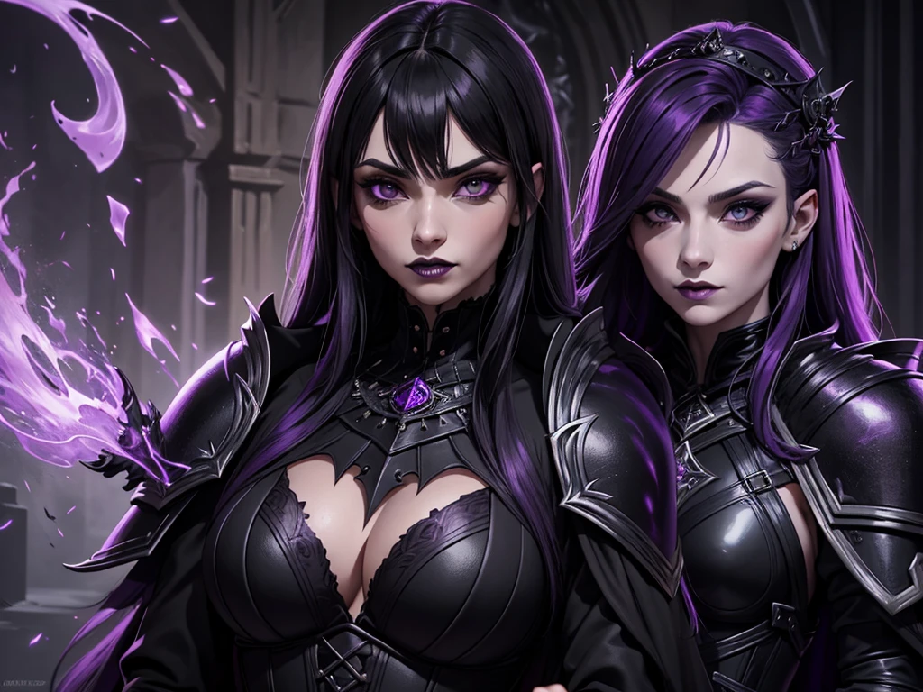 A vampire wizard character wearing very detailed and beautiful gothic armor in black and purple colors. Seu cabelo com corte em estilo curto, black lip color, cor roxa dos olhos;, manto, capuz, caminhando, 8k, Magnificent, Black and purple Gothic armor, capa