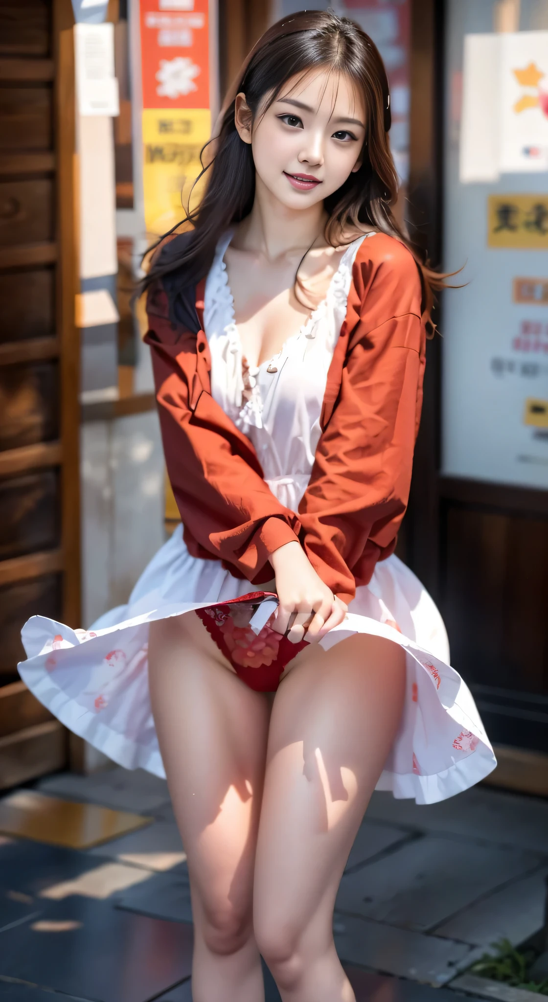 (top-quality、8K、32K、masterpiece、nffsw:1.2)、Photo of a cute Japanese woman、(mournful smile、red blush:1.1)、Pink dress skirt with beautiful details that stare at the viewer.:1.2)}}、Detailed legs、(Spread legs:0.9)、(Lace pantie:0.9)、{{(wind lift:1.6)}}、full body Esbian、the wind、城市、outside of house