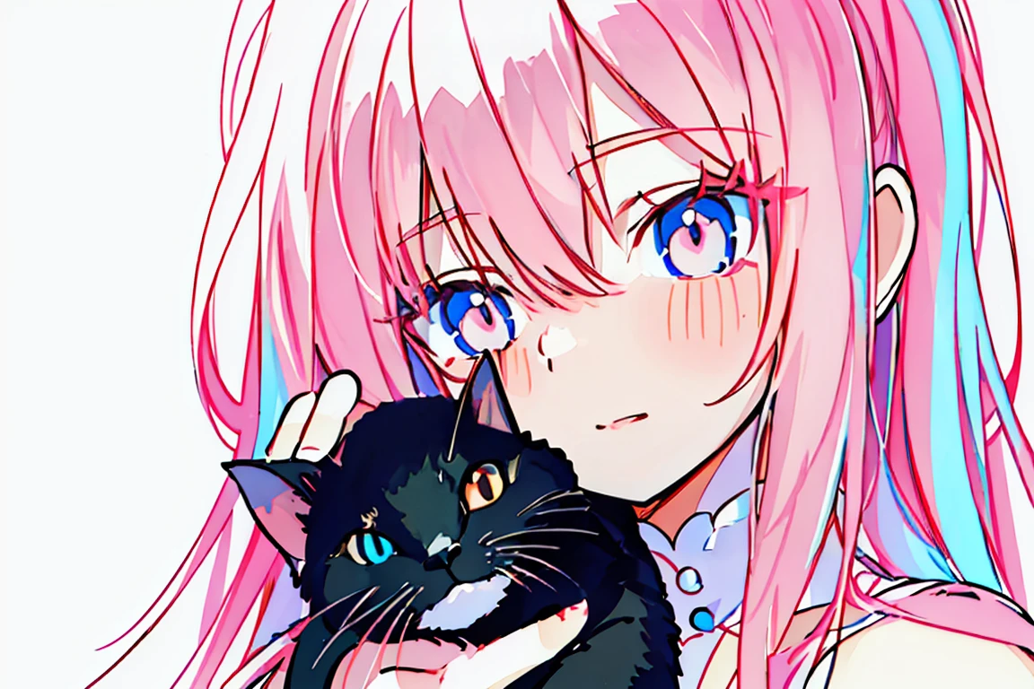 A girl with a cat, full body, (pastel colors:1.5), (cute illustration:1.5), (watercolor painting:1.2), white background. (best quality, 4k, highres, masterpiece:1.2), ultra-detailed, (realistic:1.37), beautiful detailed eyes, beautiful detailed lips, extremely detailed face, long eyelashes.