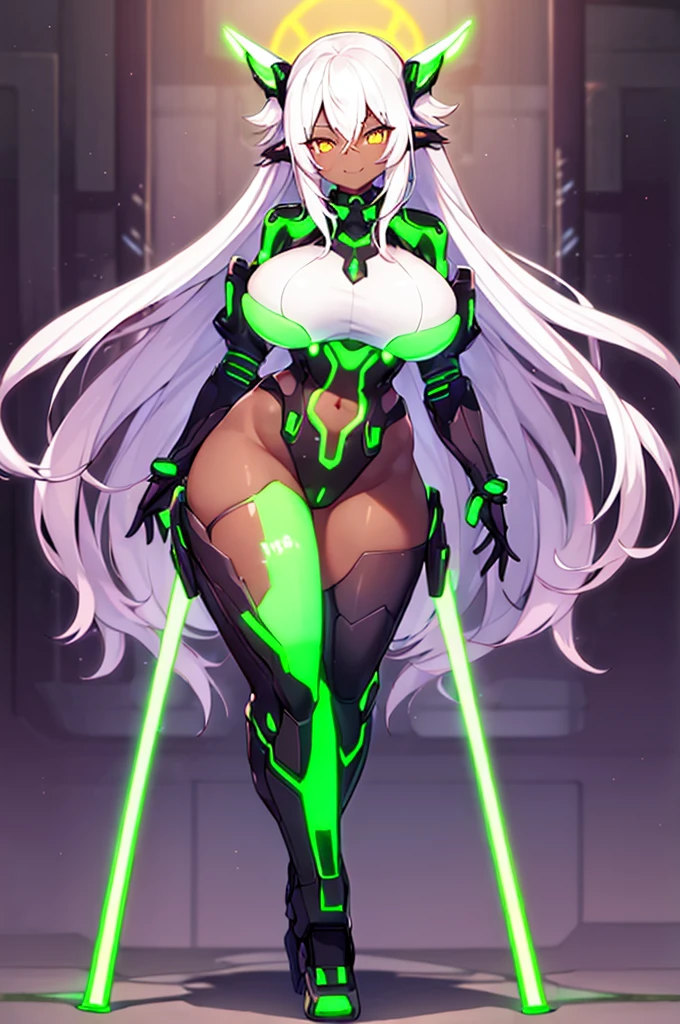 1girl, dark-skinned female, breasts, large breasts, wide hips, white hair, long hair, yellow eyes, smile, smirk, smug, sleeves, short sleeves, bodysuit, pantyhose, futuristic, science-fiction, neon trim, neon, full body, ((full body)), standing, green neon trim,