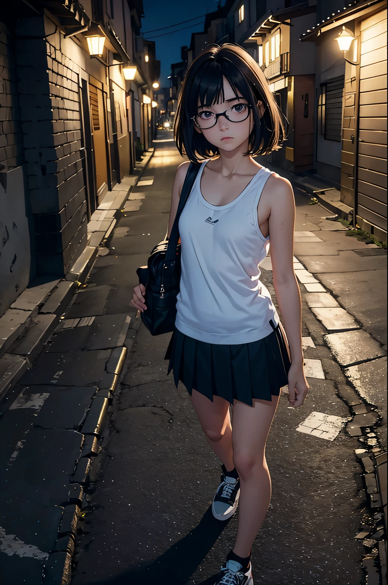 yo girl, pelo moreno largo encrespado, pechos medianos, ojos marrones con gafas, terrified expression, con uniforme escolar con miniskirt y tank top, llevando unos libros y mochila, en una calle oscura y solitaria de los barrios bajos, at night, full body. 8K, HDR, gran calidad