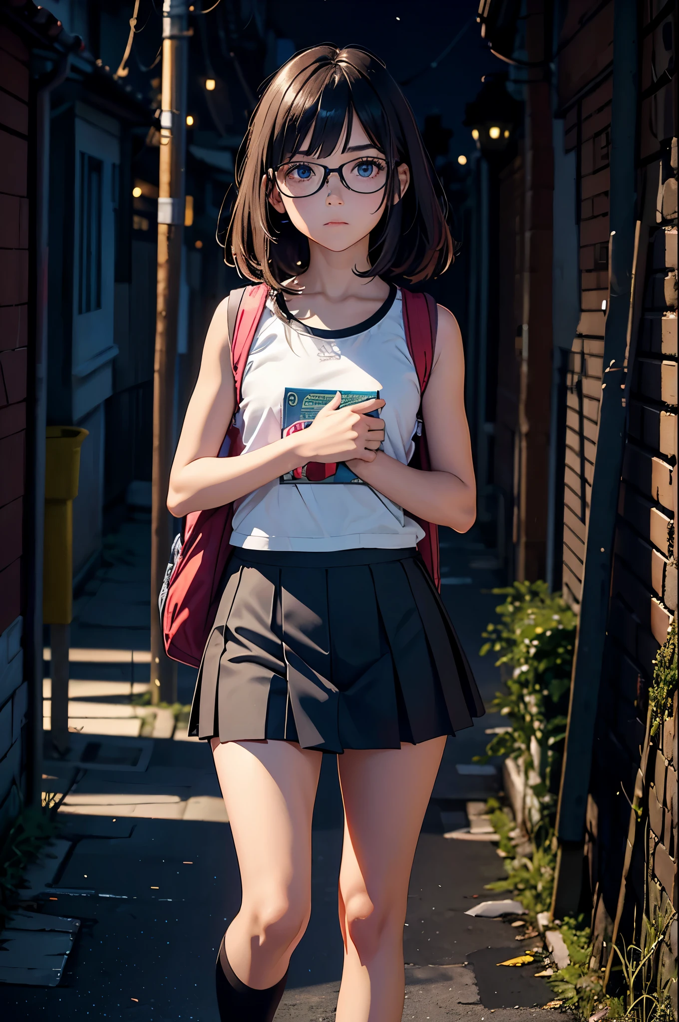 12yo girl, pelo moreno largo encrespado, pechos medianos, ojos marrones con gafas, terrified expression, con uniforme escolar con miniskirt y tank top, llevando unos libros y mochila, en una calle oscura y solitaria de los barrios bajos, at night, full body. 8K, HDR, gran calidad