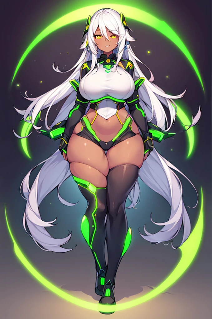1girl, dark-skinned female, breasts, large breasts, wide hips, white hair, long hair, yellow eyes, smile, smirk, smug, sleeves, short sleeves, bodysuit, pantyhose, futuristic, science-fiction, neon trim, neon, full body, ((full body)), standing, green neon trim,