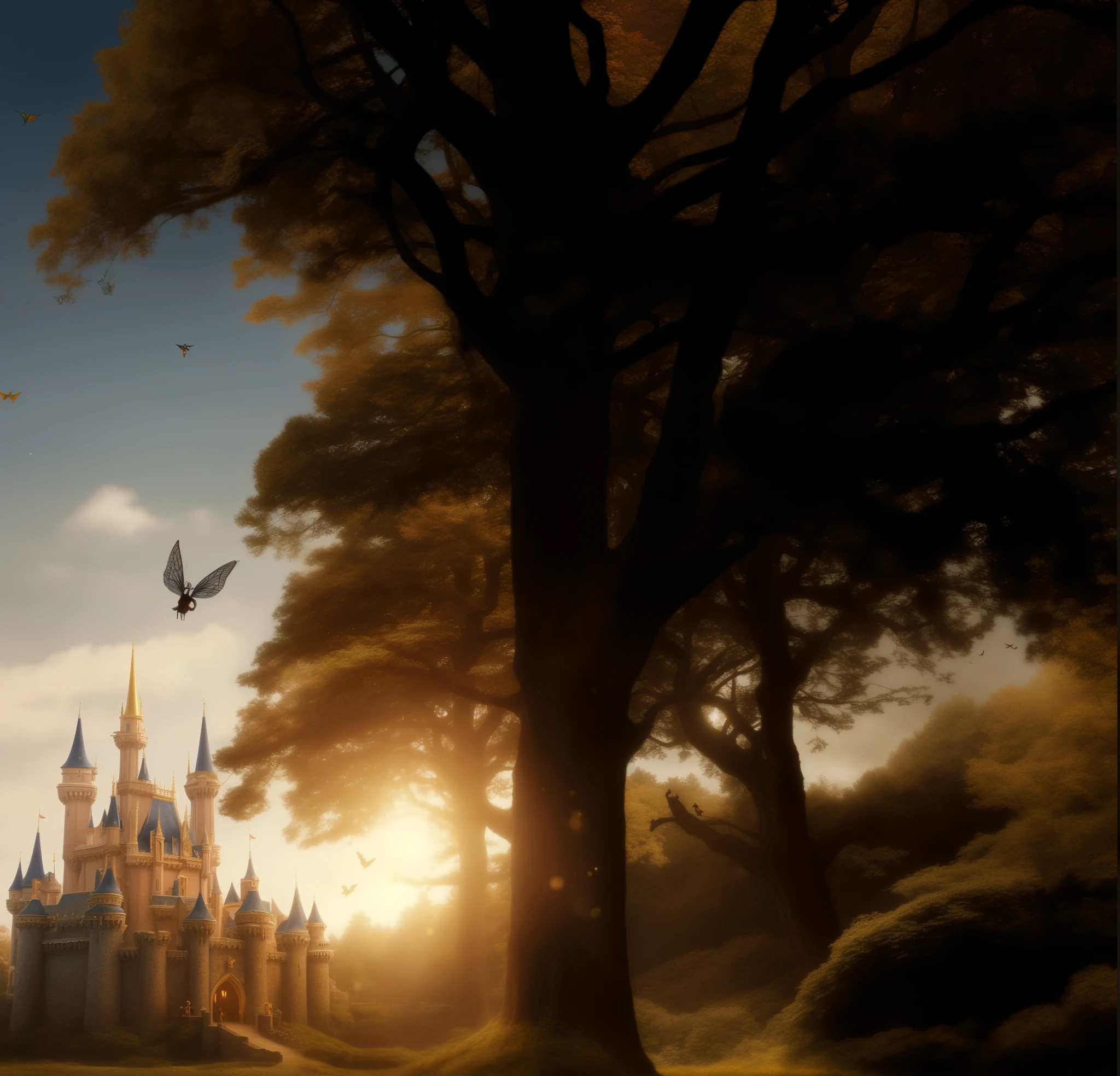 trees and a castle in the background with some kites flying in the air, enchanted magical fantasy forest, Hermoso render de un cuento de hadas, enchanted and magic forest, Fondo de estilo cuento de hadas, Bosque de cuento de hadas, Antecedentes de Disneylandia, El fondo es el Castillo de Disneyland, magic forest, Fantastic setting, Plano amplio del libro de cuentos :: Disco duro, Disney fotorrealista, fantasy fairytale story