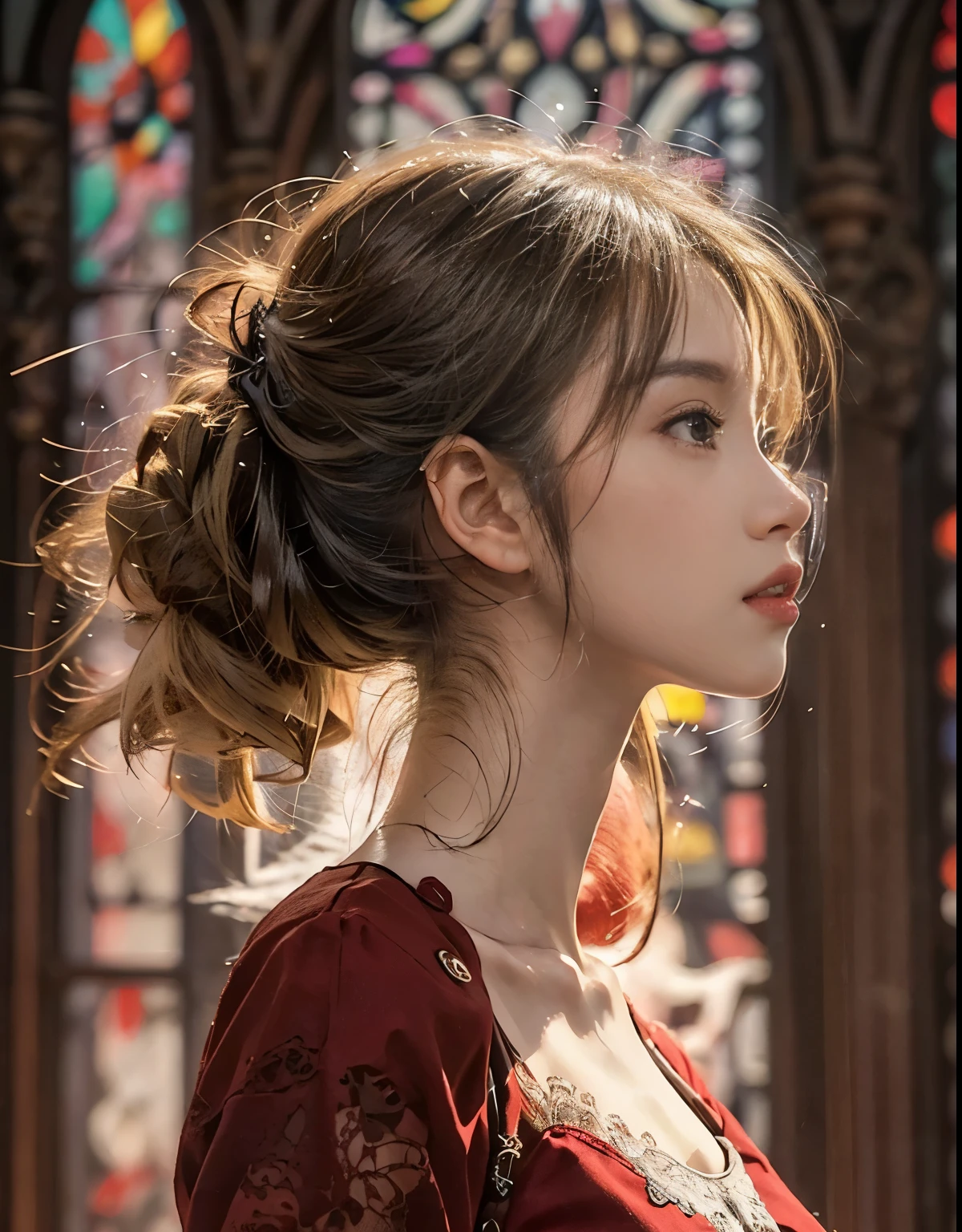 (top-quality), Realistic, (real picture, Intricate details, depth of fields), highly detailed, Detailed skin, (((gorgeous dark red dress:1.2, long, sleeveless, Lace))), (((Small chest:1.4))), (neat face, Parted lips, Looking forward, akina-nakamori), (Japanese college girl standing in a big church, open stance), (wavy blonde hair:1.2, One-length hairstyles), fair skin, stain glass, light shining from the ceiling, back lighting, low angle shot:1.2, full body shot