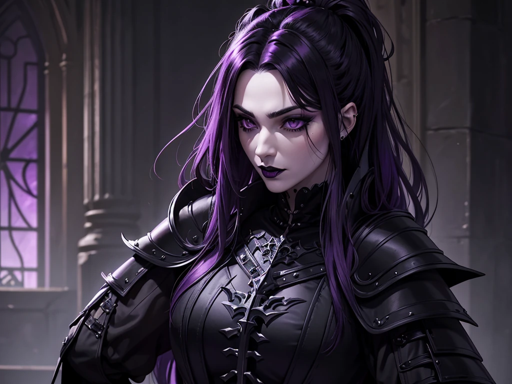 A vampire wizard character wearing very detailed and beautiful gothic armor in black and purple colors. Seu cabelo com corte em estilo curto, black lip color, cor roxa dos olhos;, manto, capuz, caminhando, 8k, Magnificent, Black and purple Gothic armor, capa