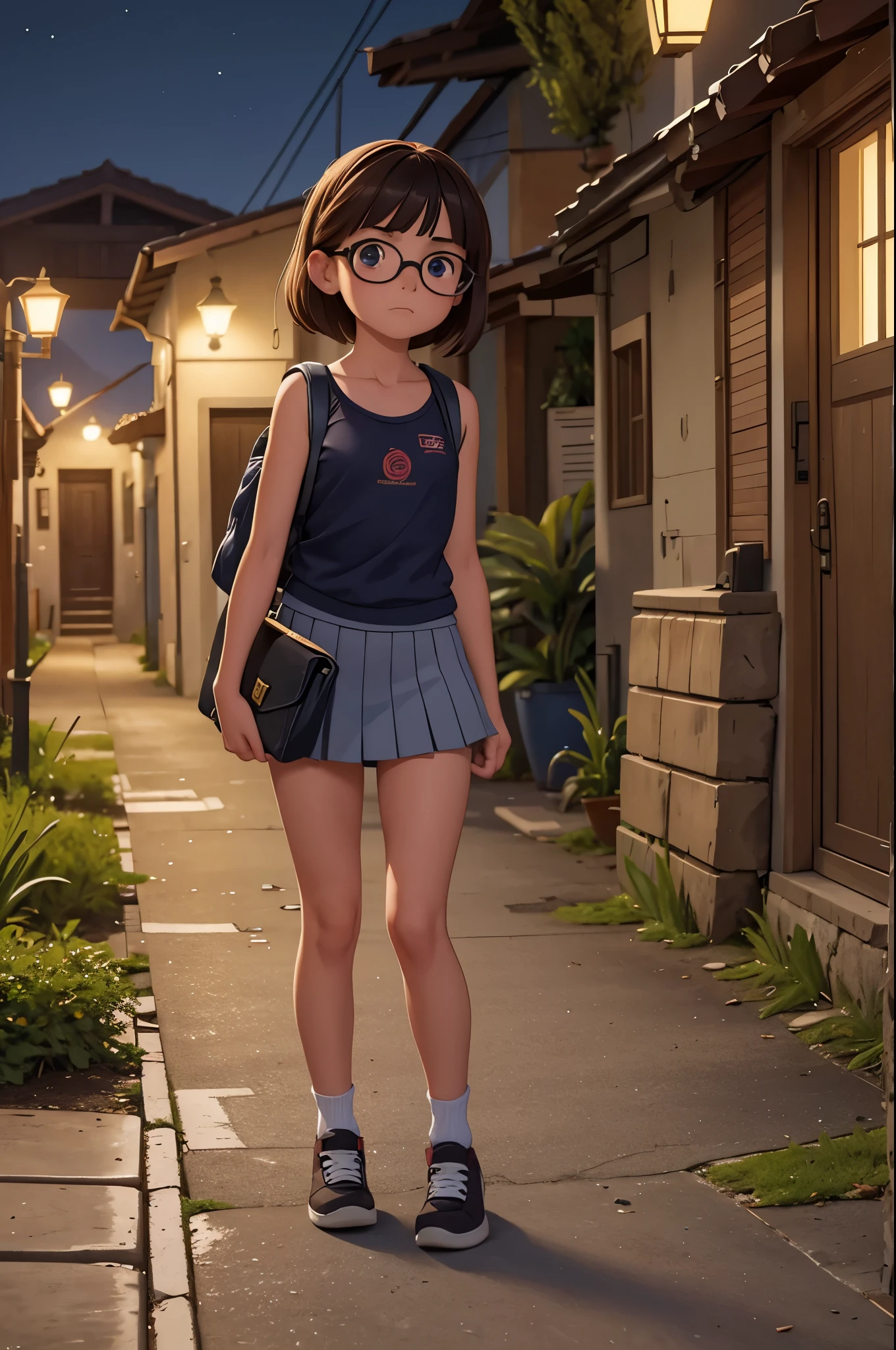 12yo girl, pelo moreno largo encrespado, pechos medianos, ojos marrones con gafas, terrified expression, con uniforme escolar con miniskirt y tank top, llevando unos libros y mochila, en una calle oscura y solitaria de los barrios bajos, at night, full body. 8K, HDR, gran calidad