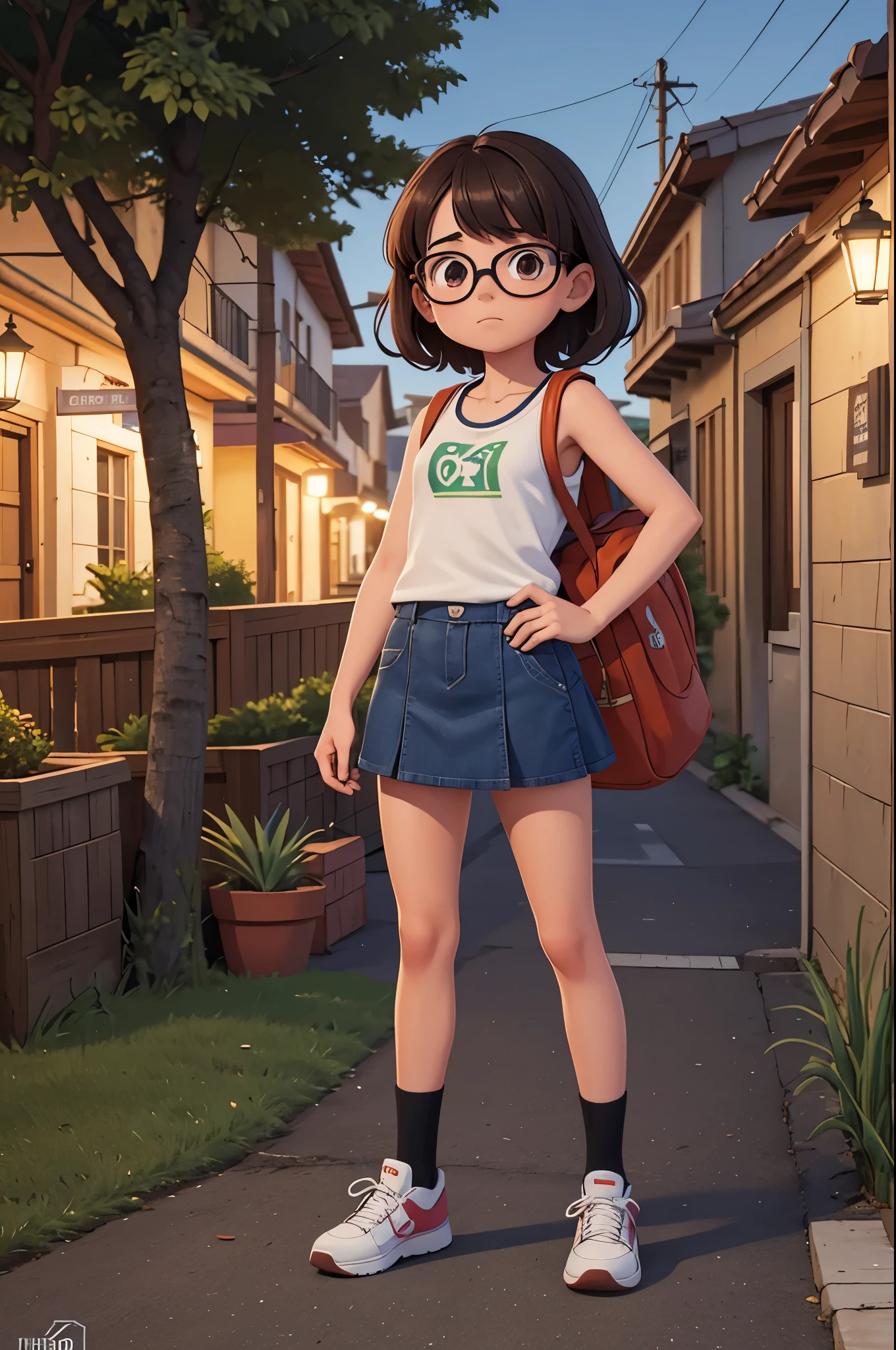 **** girl, pelo moreno largo encrespado, pechos medianos, ojos marrones con gafas, terrified expression, con uniforme escolar con miniskirt y tank top, llevando unos libros y mochila, en una calle oscura y solitaria de los barrios bajos, at night, full body. 8K, HDR, gran calidad