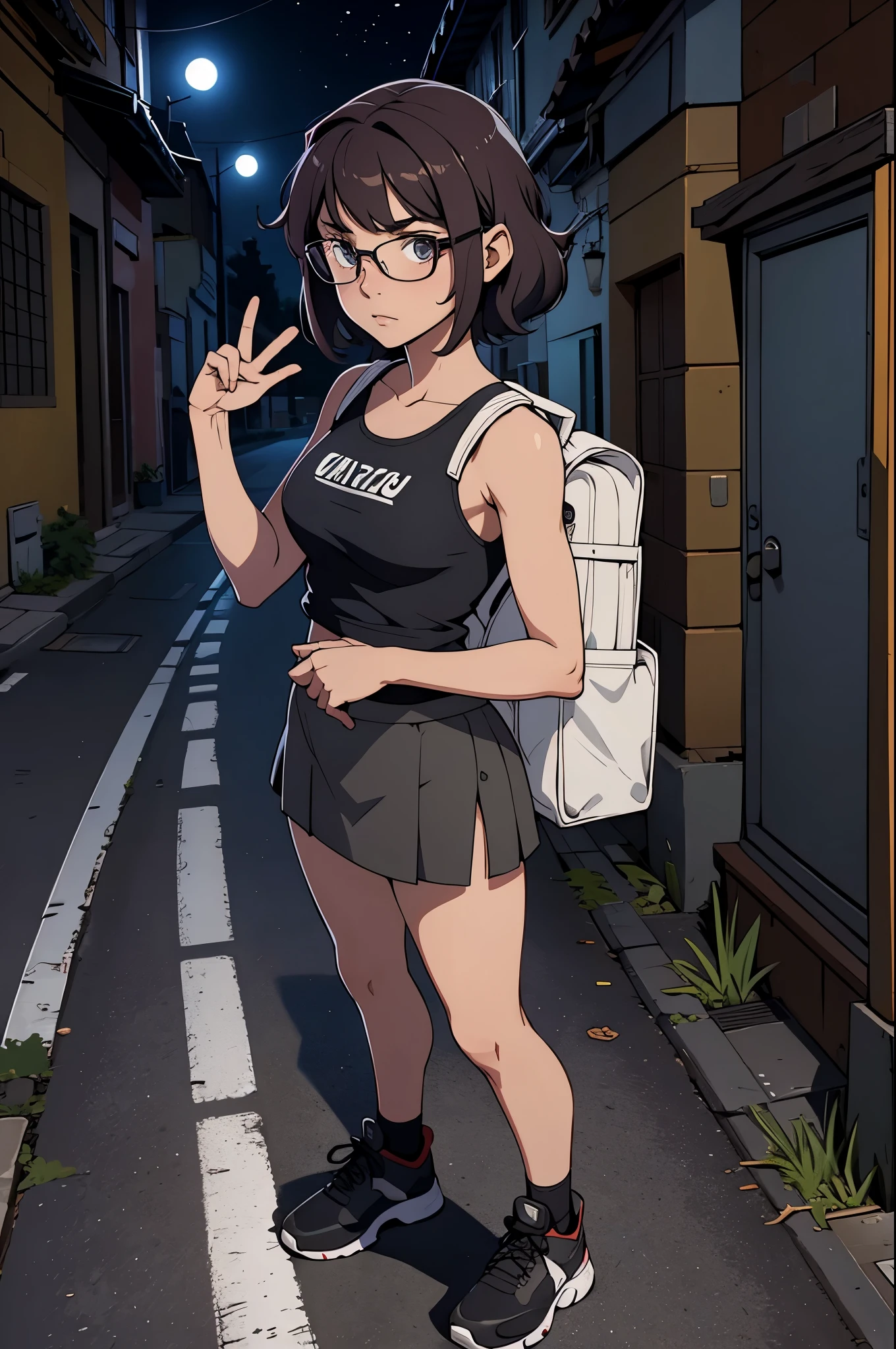yo girl, pelo moreno largo encrespado, pechos medianos, ojos marrones con gafas, terrified expression, con uniforme escolar con miniskirt y tank top, llevando unos libros y mochila, en una calle oscura y solitaria de los barrios bajos, at night, full body. 8K, HDR, gran calidad