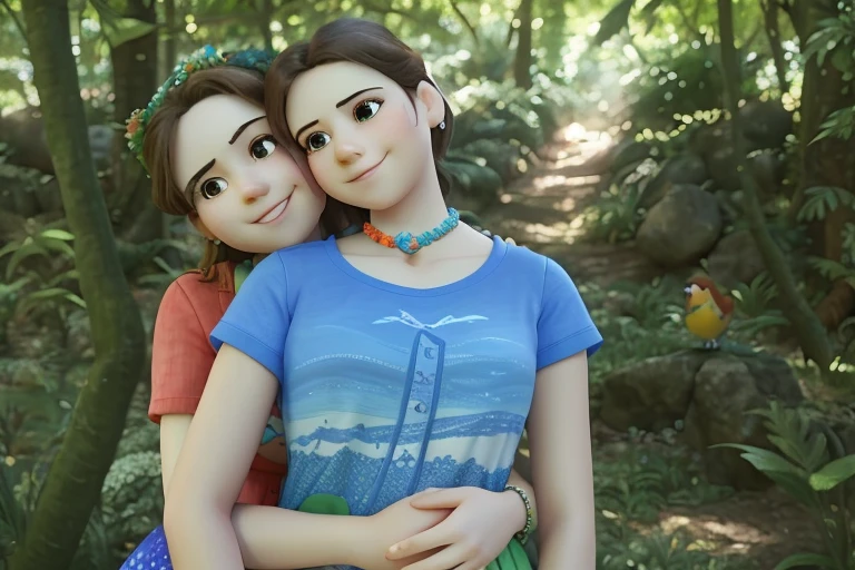 there is a woman and a girl hugging and smiling, na floresta, with colorful birds around, em formato desenho animado da disney pixar cartoon, melhorar a paisagem de fundo para ficar mais colorida