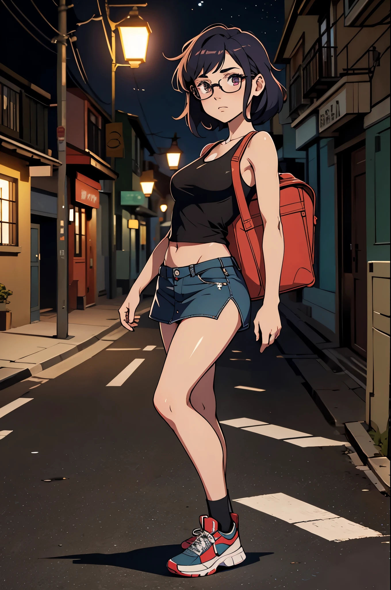 Sexy woman, short black hair, bra and panties, knee high socks, sneakers, standing, full body, outside, crowded street