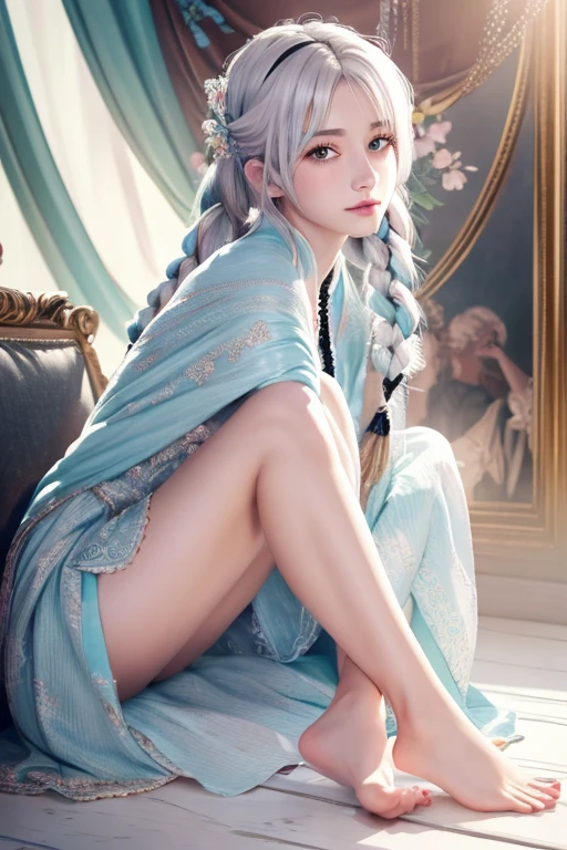 hatsuneMiku、(ultra Realistic), (An illustration), (Highres), (8K), (highlydetailed), (the best illustration), (Beautiful Detailed Eyes), (beste Quality), (Super Detailed), (Master peace、), (Wallpapers), (Detailed Face), solo, 1girl, Aristocratic dresses、White hair, Iris heterochromatic eyes, small moles under eye, medium chest, Long legs,Stunning composition,Foot braids、Beautiful and detailed legs