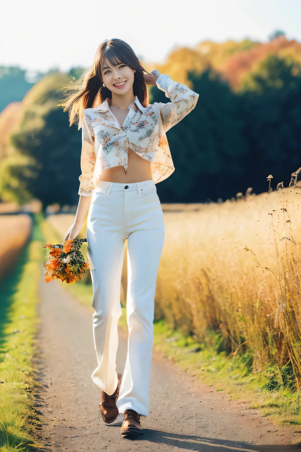 (Best Quality,8K,超A high resolution:1.2),(Cute Japanese girl's beautiful body),(The shirt,Pants Look),(Glamorous),(perfect anatomia、Perfect legs、Toned waist、daily、soft sunlight、autumnal、Piece of art、full of fields、Open、ssmile、