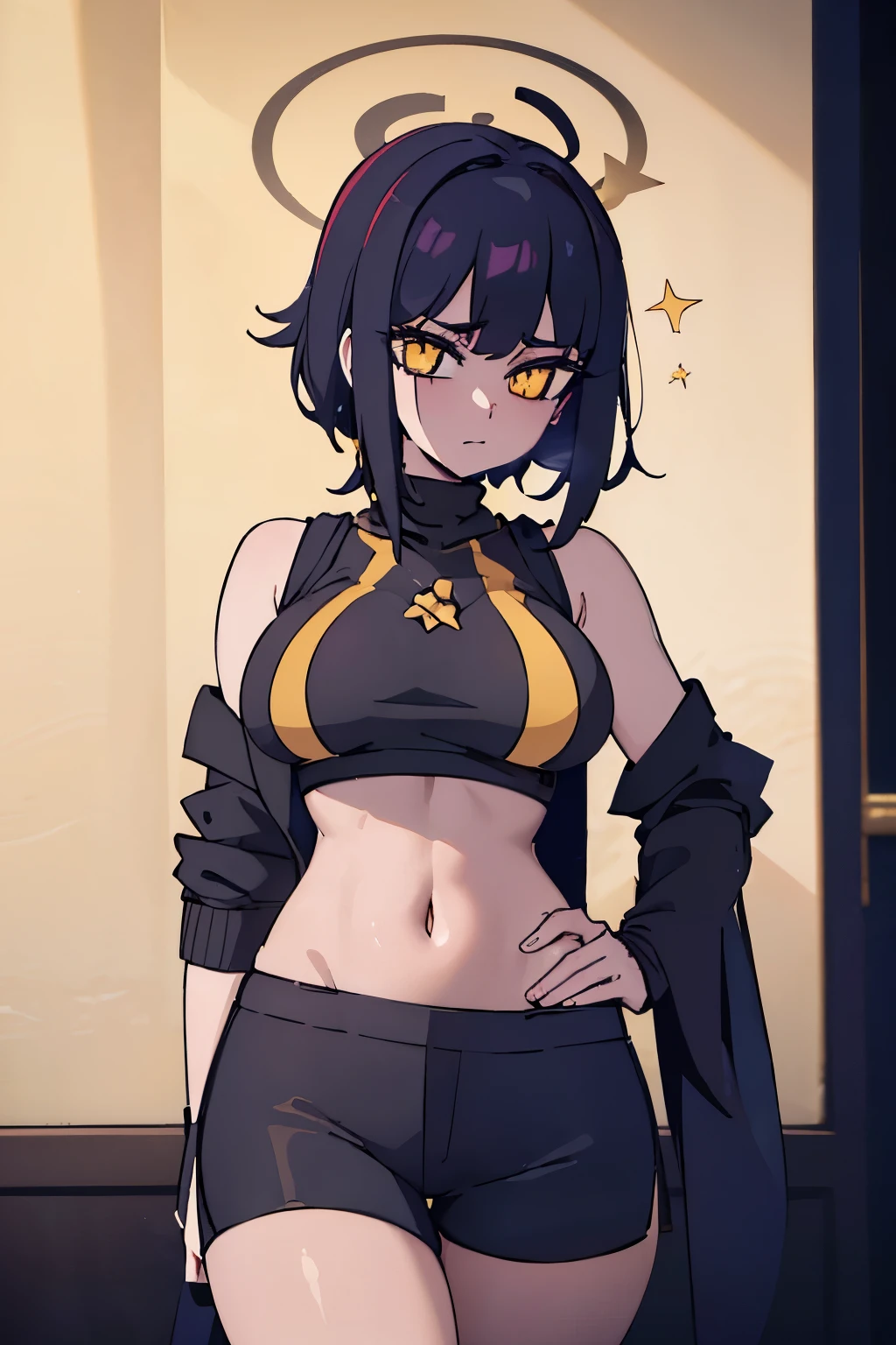 short (messy hair) (masterpiece), best quality perfect face beautiful girl, feminine, defined curves, cinematic, aesthetic, shadows, gorgeous, amazing, cute girl (busty) medium breasts (perky) (large ass) (bubble butt) barefoot, dark purple galaxy hair, detached sleeves bare shoulders, defined abdomen, sleeveless (thick thighs), (masterpiece), best quality, expressive eyes, (yellow eyes:1.3) ringed eyes, (black and yellow sweater), turtleneck sweater, sideboob, tight black shorts, star-shaped pupils, (stars in hair), attractivelegs, stars on clothing, triangular lower eyelashes, purple eyelashes, yellow hair highlight