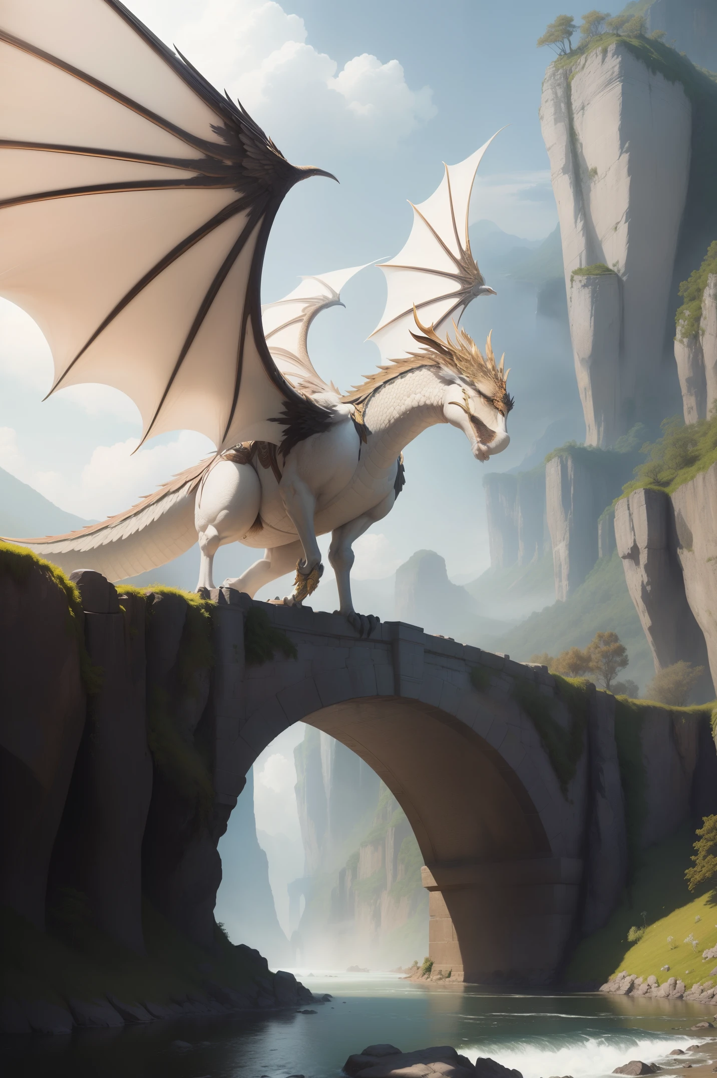 A bridge crossing over the river, with clear water flowing on both sides of the riverbank. The bridge is made of ancient stones, gracefully arching towards the sky. On the bridge, there is a magnificent dragon, soaring high above the clouds. The dragon is depicted with intricate details, capturing its scales, claws, and wings. It exudes a sense of power and grace as it glides through the air. The surrounding landscape is lush and vibrant, with trees and flowers in full bloom. The colors are vivid and the lighting is warm and golden, creating a serene and enchanting atmosphere. The artwork is created using traditional painting techniques, with fine brushstrokes and meticulous attention to detail. The final result is a masterpiece of art, with ultra-detailed elements and a realistic, photorealistic style.