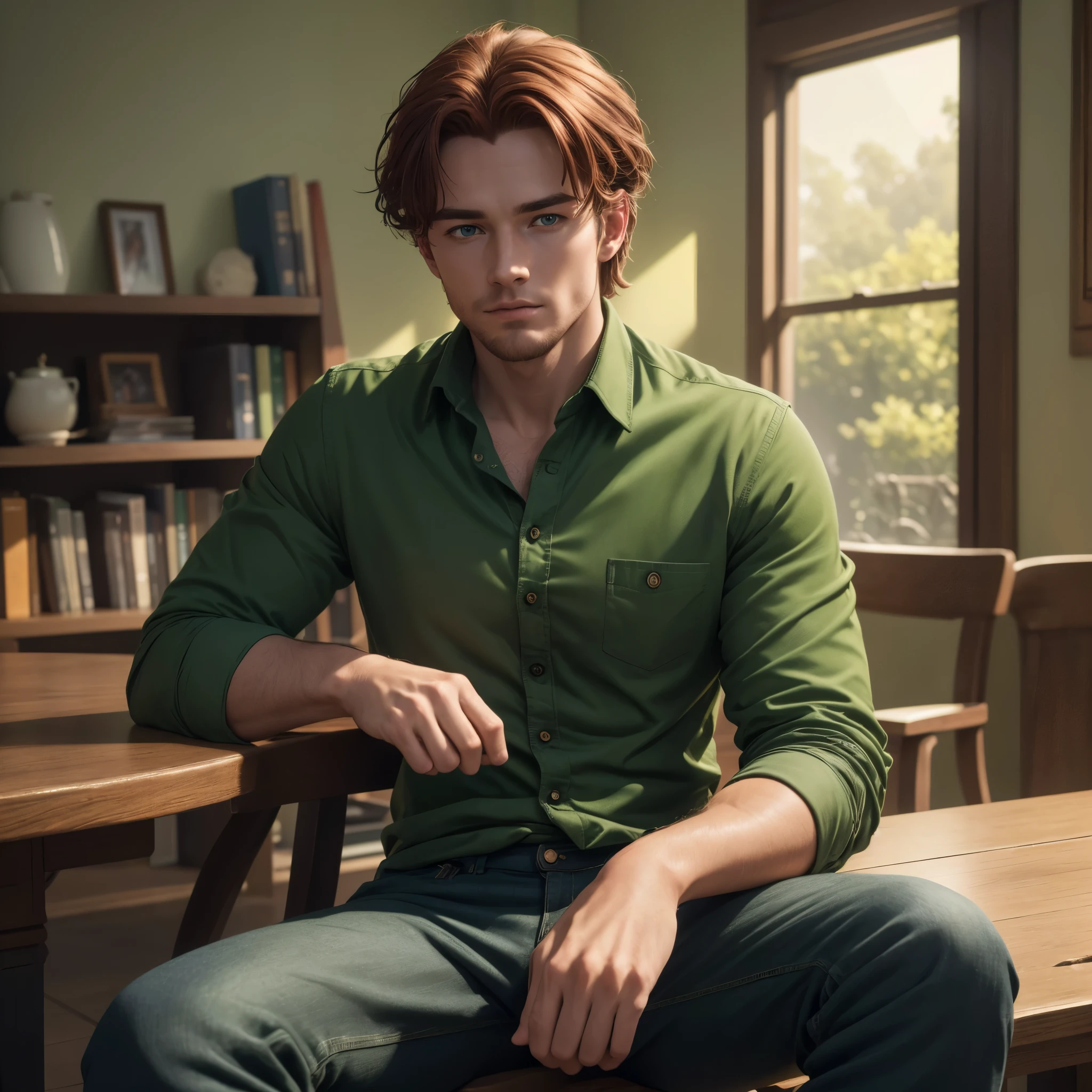 (best quality,4k,8k,highres,masterpiece:1.2),ultra-detailed, 1Man, Irish god Aengus Óg as a college student, dark auburn hair, green button up shirt, casual pants, facing viewer, HDR, 8k, absurdres, cinestill 800, sharp focus