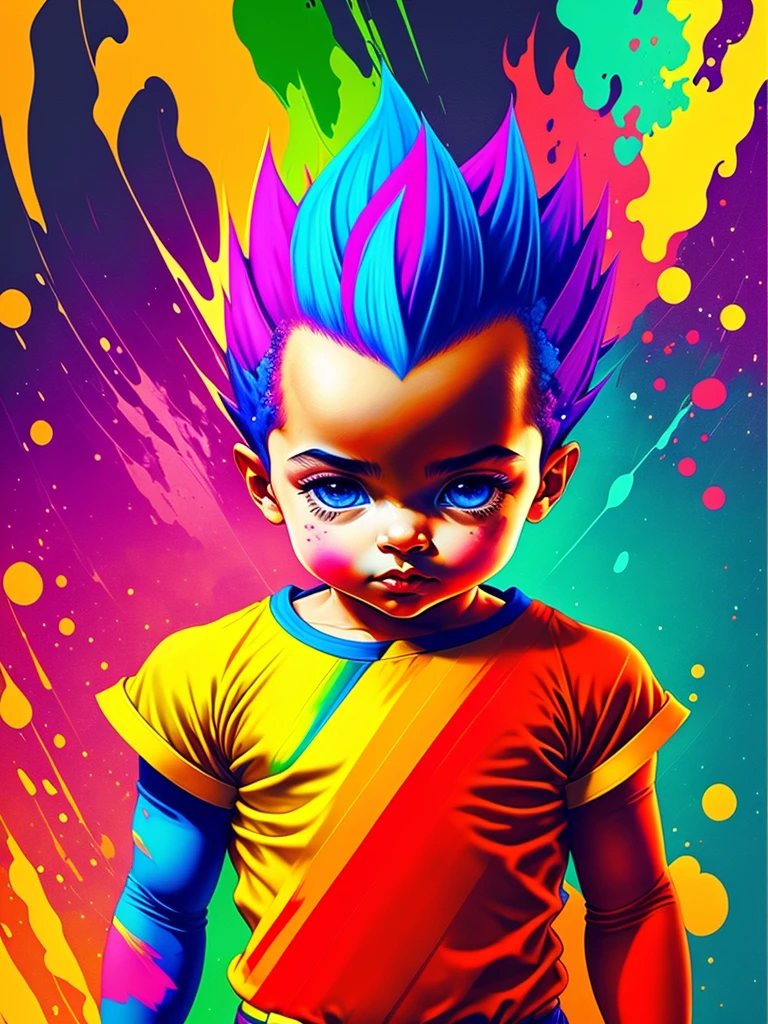 pintura do Vegeta corpo inteiro colorido em um fundo preto, Perfect rendering, radiante, cores vibrantes, Bebezinho, fofinho, barnet, baby face, magia, explosion of colors, cores extravagantes