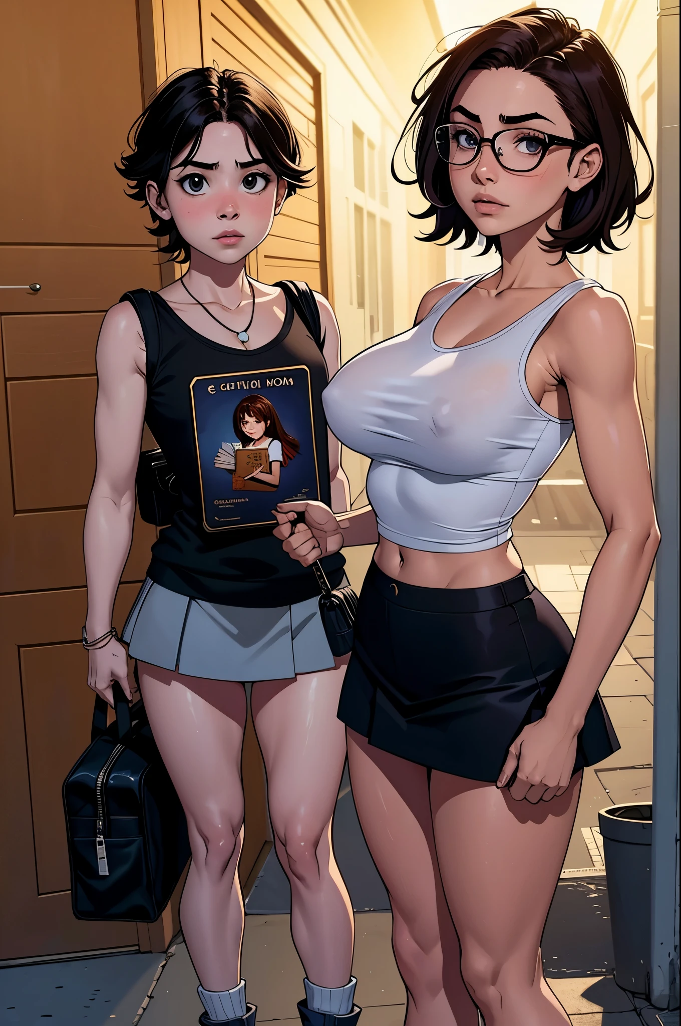 girl, pelo moreno largo encrespado, pechianos, ojos marrones con gafas, terrified expression, con uniforme escolar con miniskirt y tank top, llevando unos libros y mochila, en una calle oscura y solitaria de los barrios bajos, at night, full body. 8K, HDR, gran calidad